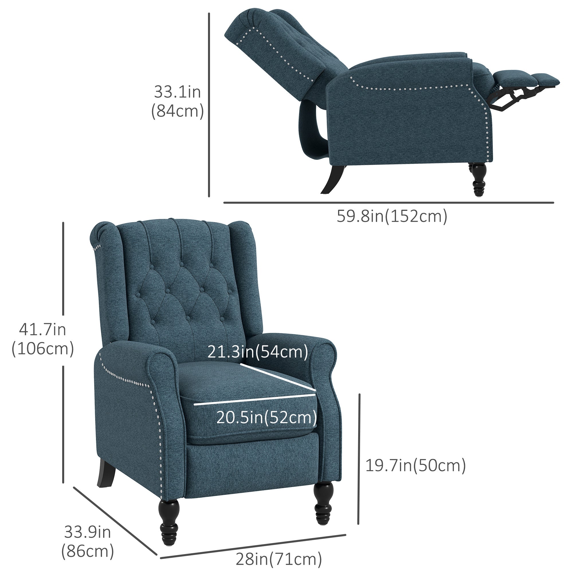 HOMCOM Wingback Reclining Chair: Button-Tufted, Footrest, Rolled Armrests, Living Room, Blue