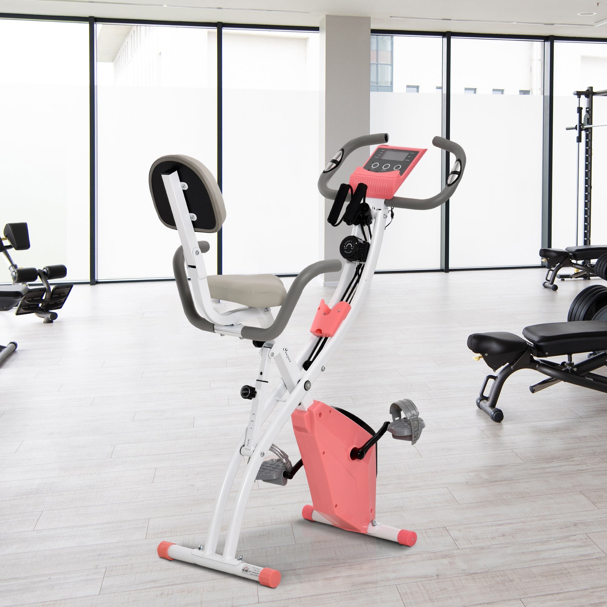 Soozier 2 in 1 Upright Stationary Exercise Bike Foldable Magnetic Recumbent Cycling with Arm Resistance Bands Pink