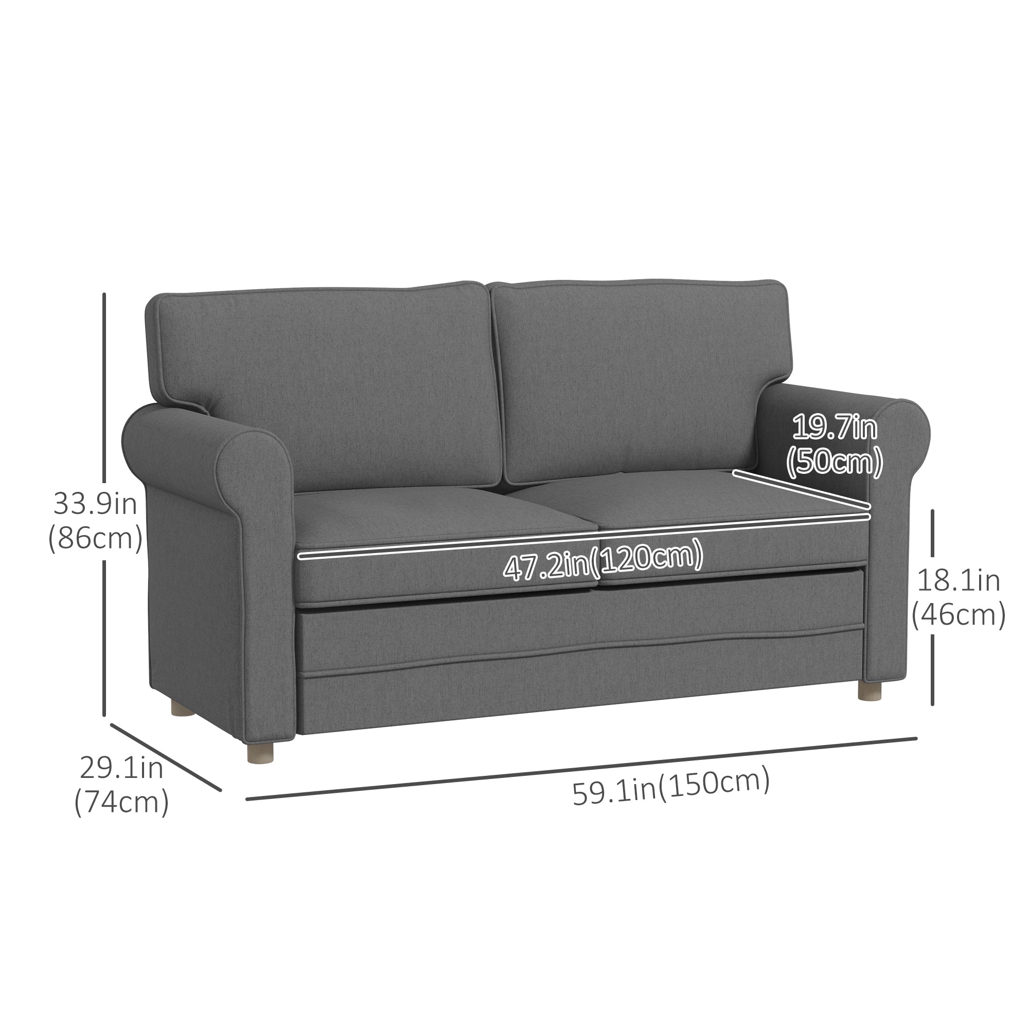 HOMCOM 59" Loveseat Sofa for Bedroom Modern Love Seats Furniture Upholstered 2 Seater Couch with Solid Steel Frame Dark Grey
