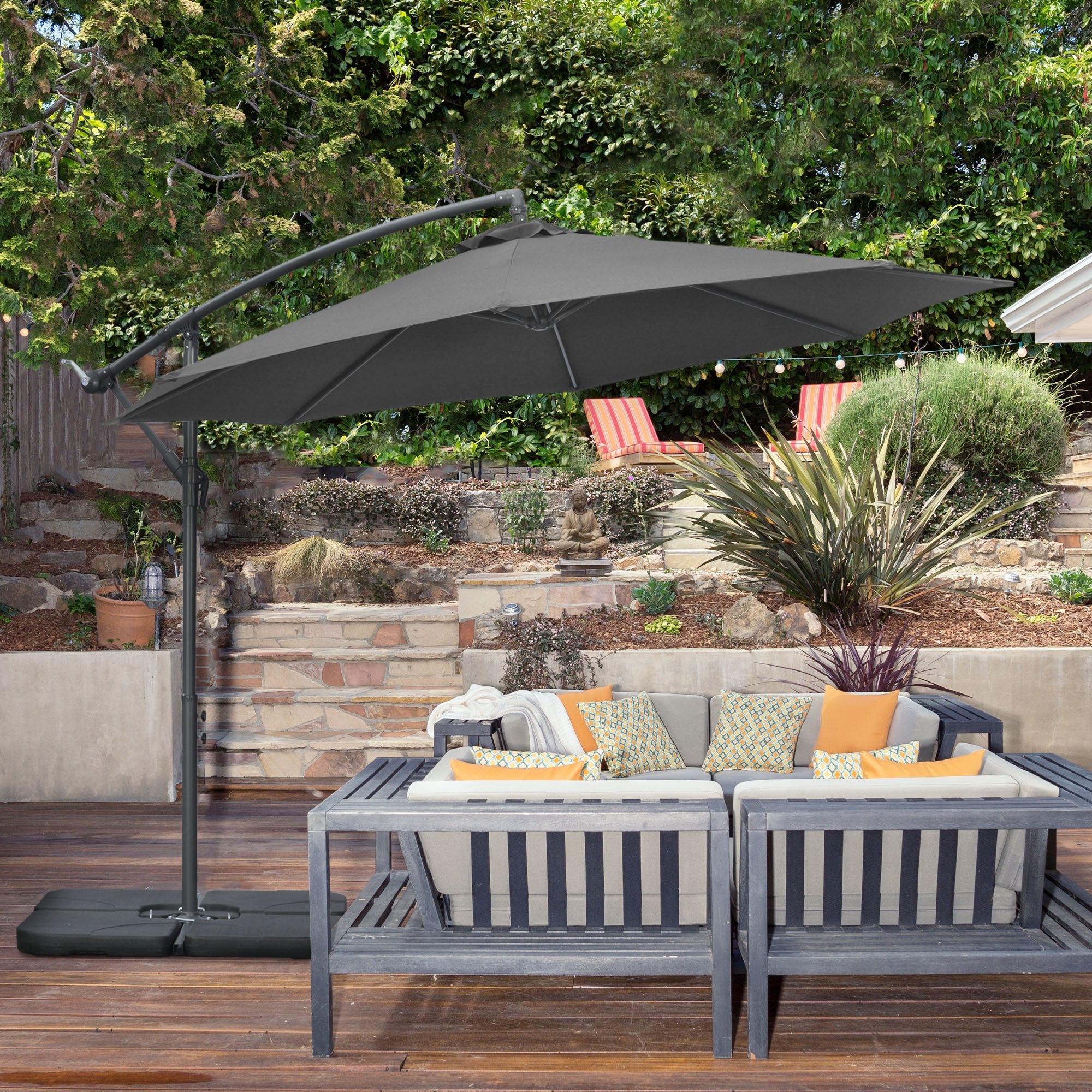 Outsunny Offset Patio Umbrella: 9.6ft Banana Cantilever Hanging Parasol with Base Crank Black