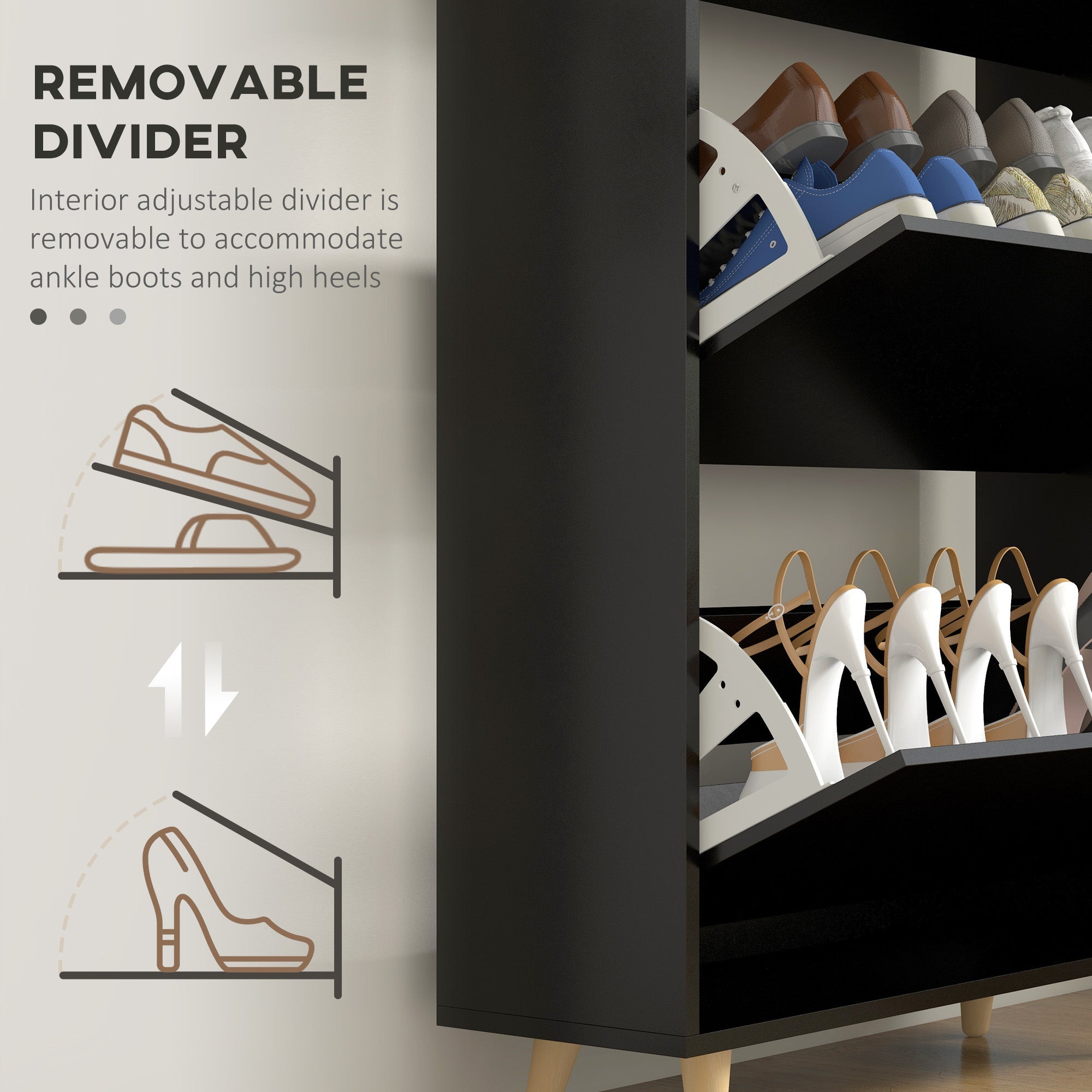 HOMCOM Slim Shoe Storage Cabinet 3 Flip Drawers Adjustable Shelves for 18-24 Pairs Black