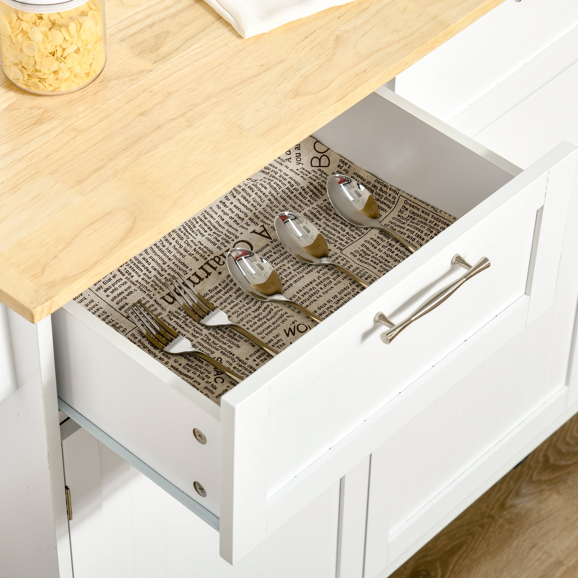 HOMCOM White Mobile Kitchen Island: Rubber Wood Top Cart with Storage Drawers, Cabinet & Towel Rack