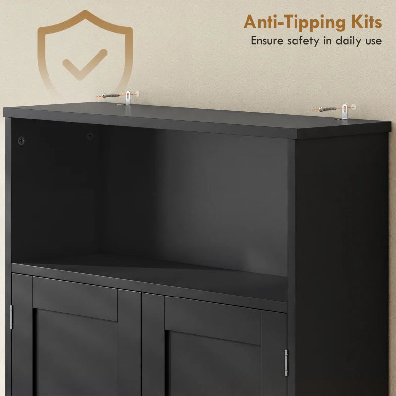 Over the Toilet Storage Cabinet Freestanding Bathroom Organizer with 2 Doors and Open Shelf Black