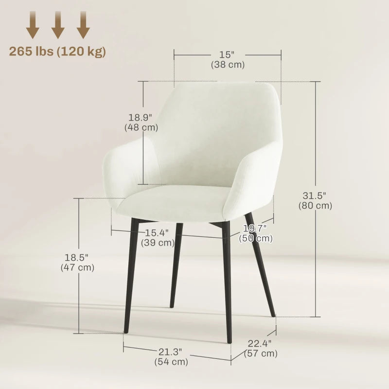 Dining Chairs Set of 2, Velvet-look Fabric Upholstered Kitchen Chairs with Backrest, Armrests and Steel Legs, Cream White