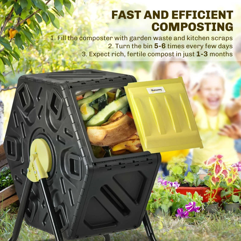 Rotating Composter, Compost Bin with 24 Vents and Steel Legs, 17 Gallon, Yellow