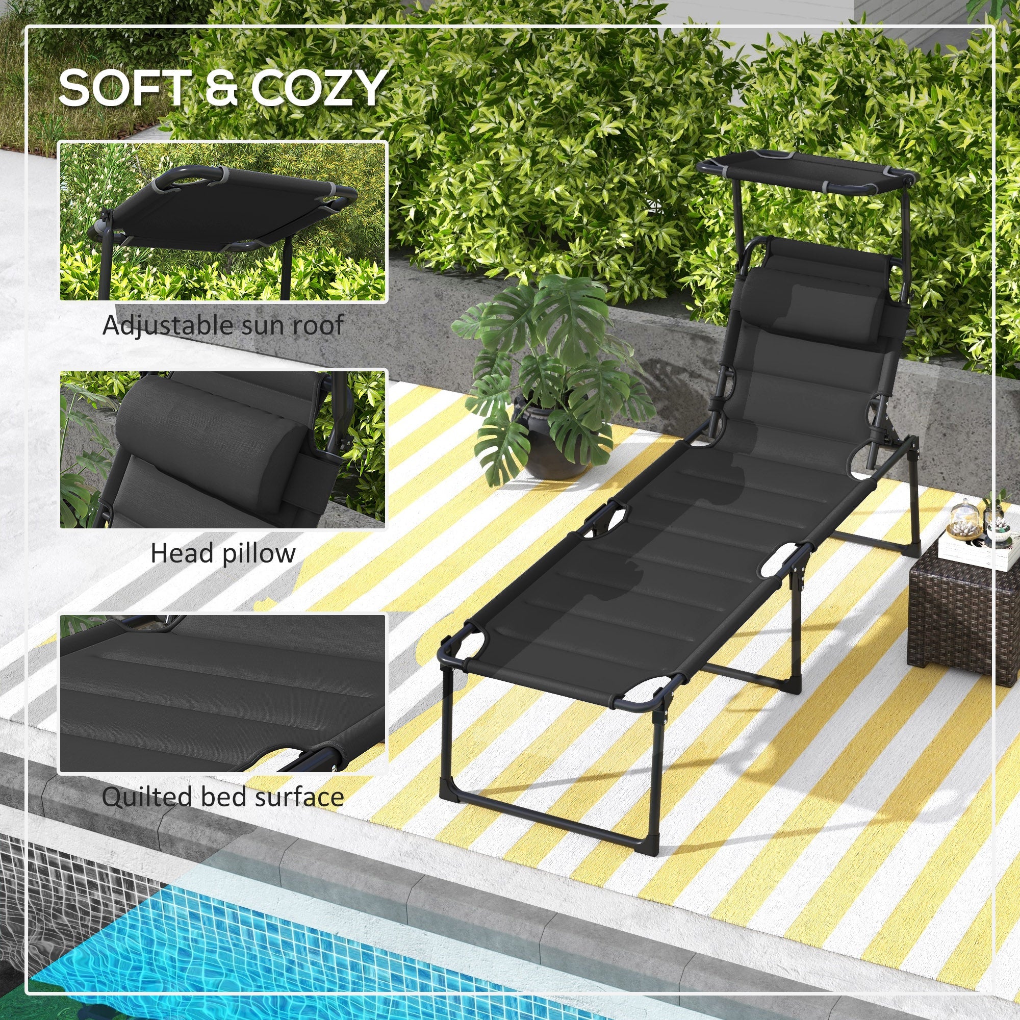 Outsunny Adjustable Folding Chaise Lounge Chair with Sunroof Quick Dry for Beach Patio Black