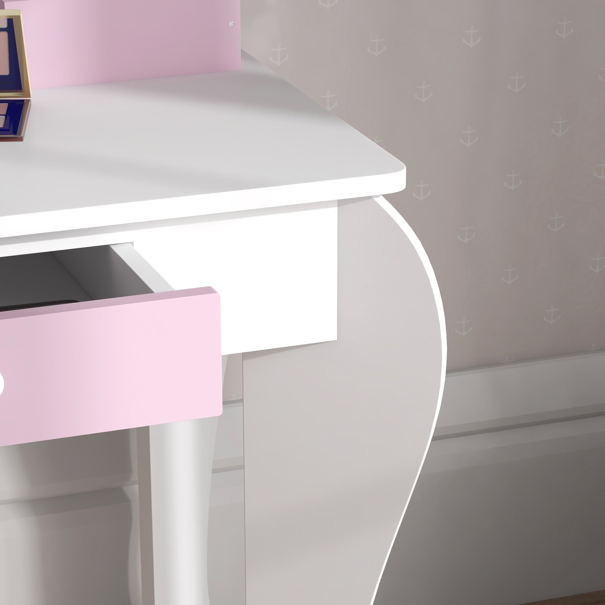 Qaba Unicorn Vanity Set: Stool, Mirror, Drawer, Storage Boxes for Kids, White