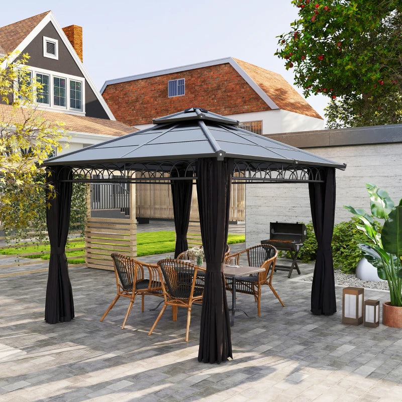9' x 10' Outdoor Hardtop Gazebo Canopy w/ Double PC Roof, Steel Frame, Nettings, Curtains for Garden Lawn Deck, Black