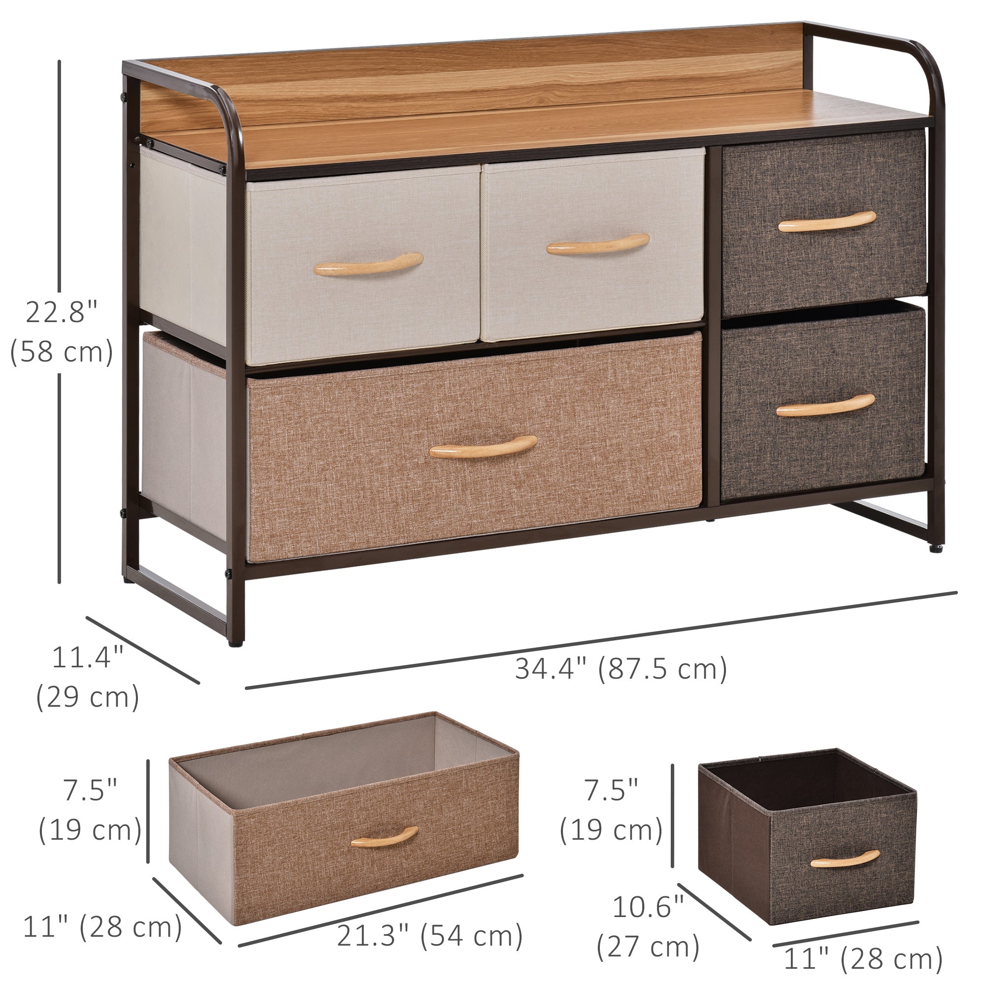 HOMCOM 5-Bin Dresser Storage Tower Cabinet Organizer Unit Easy Pull Fabric Bins Metal Frame Bedroom
