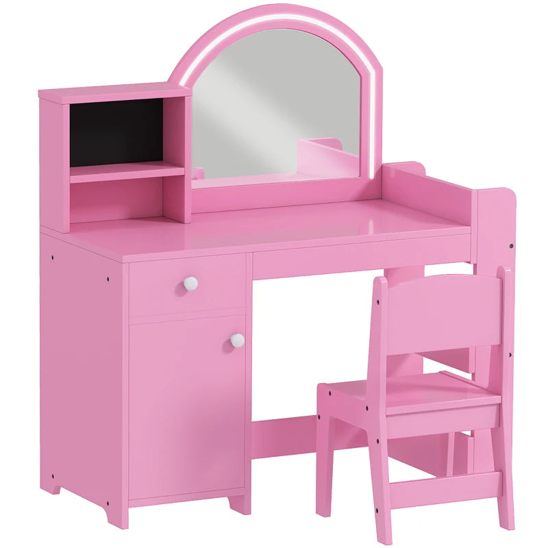 Qaba Kids Vanity Set, Toddler Dressing Table and Chair Set with Lighted Mirror, Cabinet, Drawer and Shelves, Pink