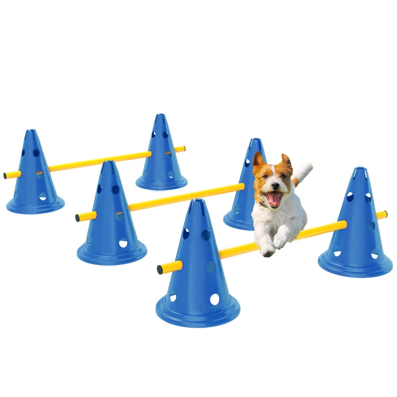 Dog Agility Hurdle Cone Set, Adjustable Obstacle Course Equipment with 6 Cones & 6 Poles, Carry Bag, Blue