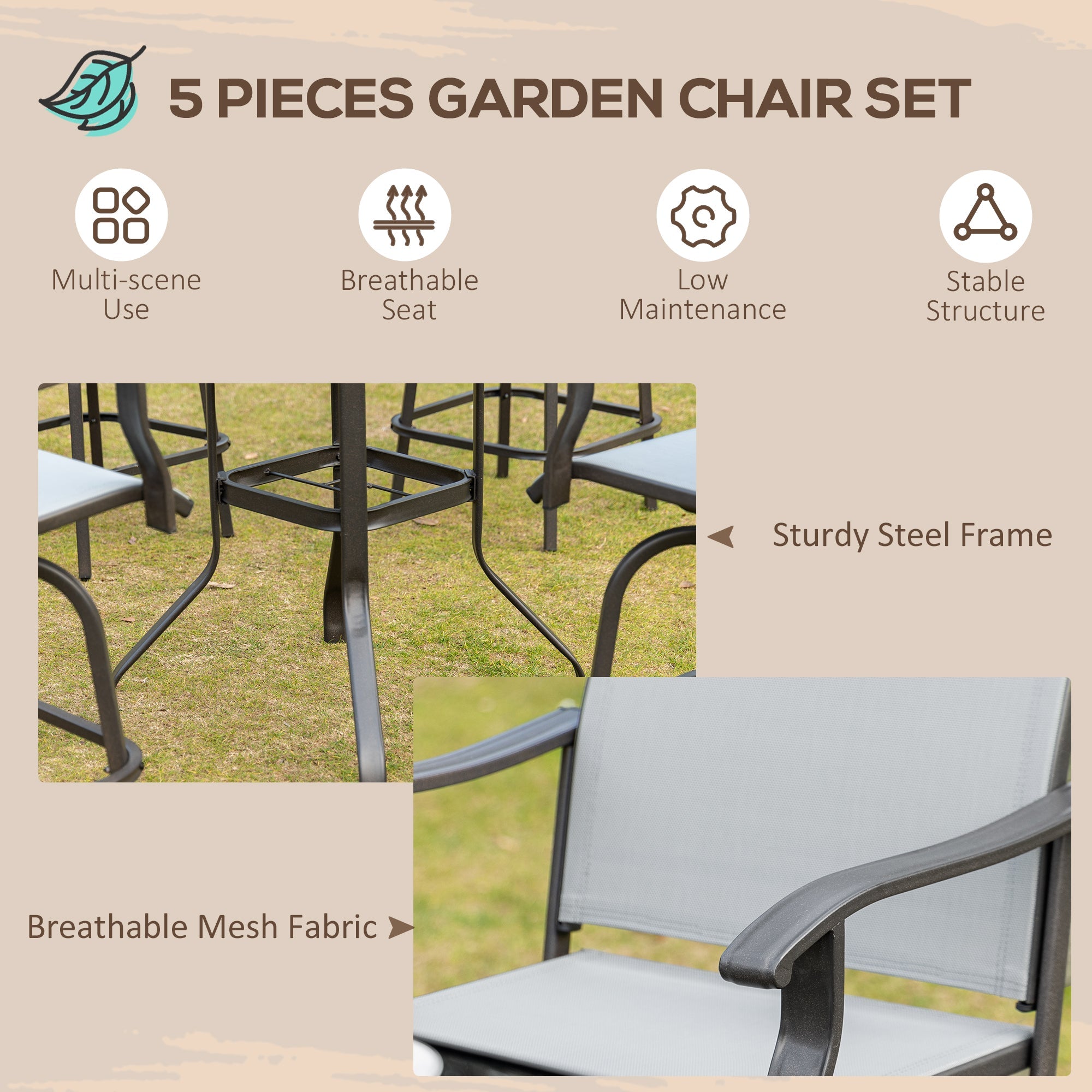 Outsunny Patio Furniture Set 5 Pieces Grey Outdoor Garden with Tempered Glass Table 4 Swivel Chairs Conversation Set