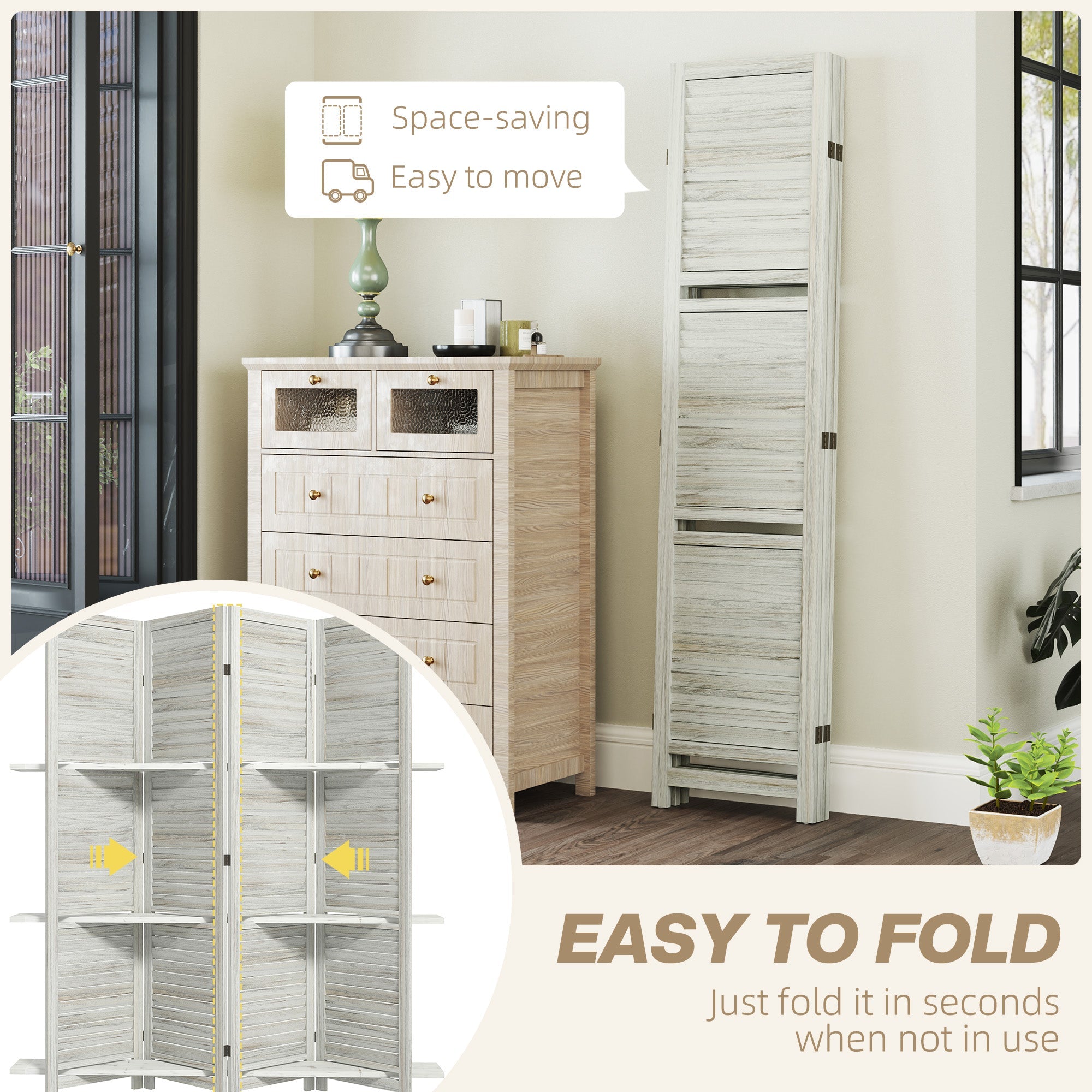 HOMCOM 4-Panel Wall Partition Room Separator with 3 Storage Shelves Foldable Design Wooden Frame 5.6FT Distressed White