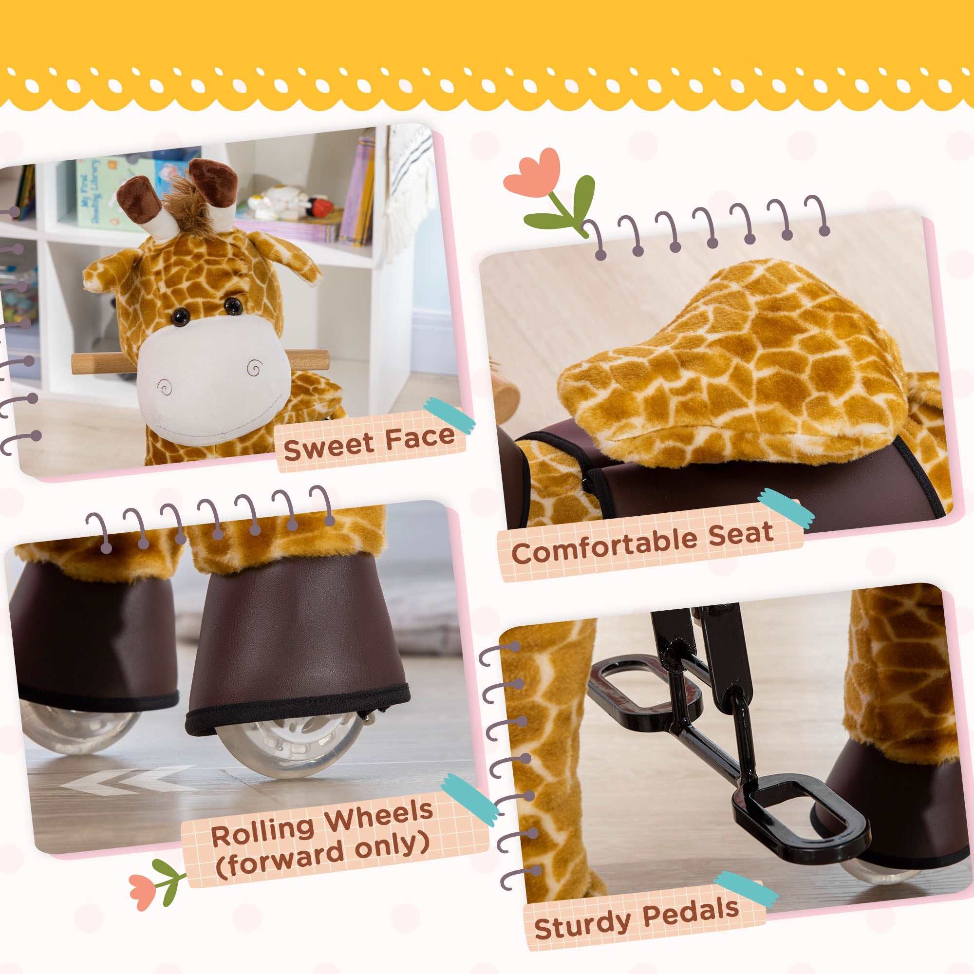 Qaba Giraffe Walking Horse - Ride On Mechanical Rocking Pony with Wheels, Great Gift for 3-6 Years, Girls & Boys