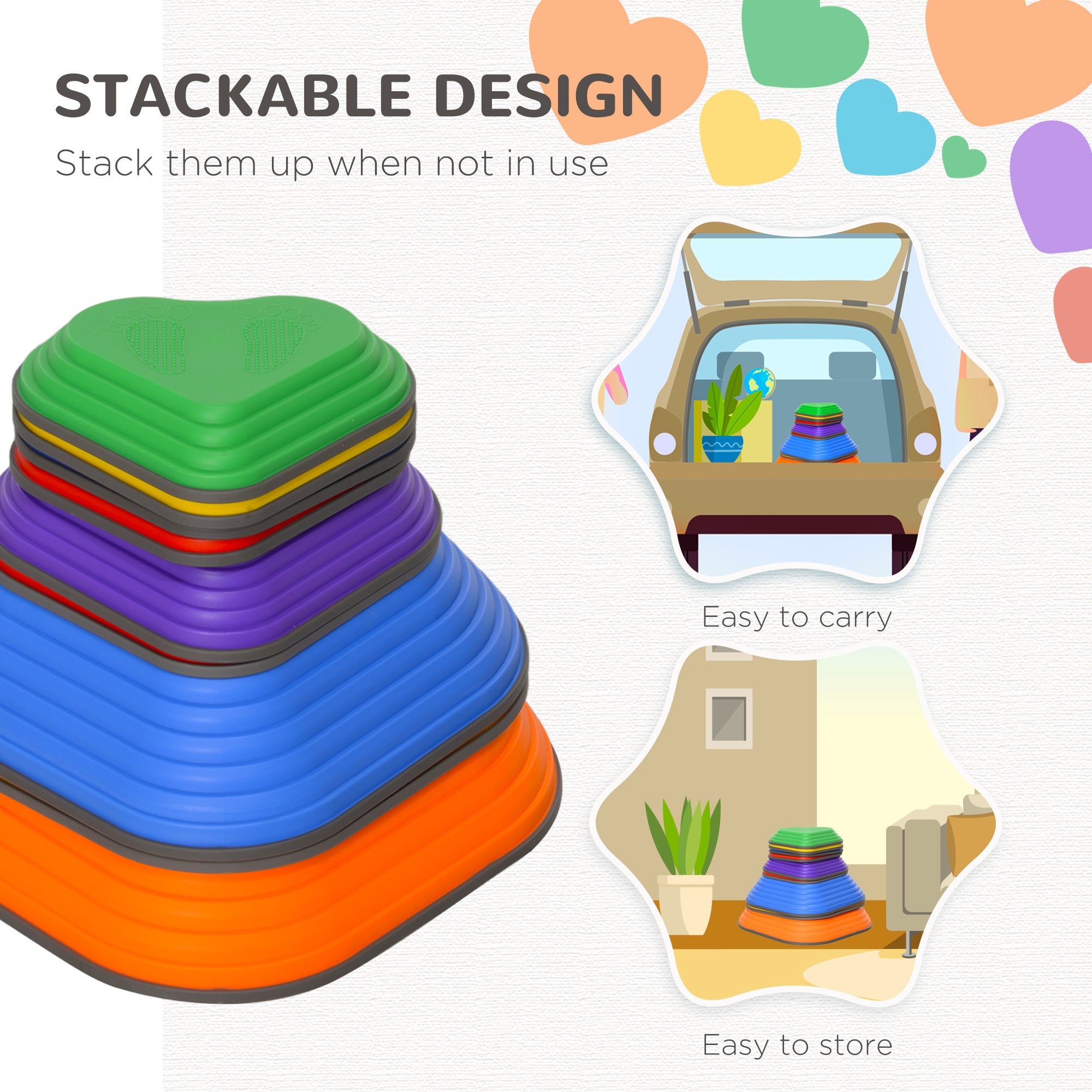 Qaba 9PCs Non-Slip Stackable Kids Stepping Stones, Heart-Shaped