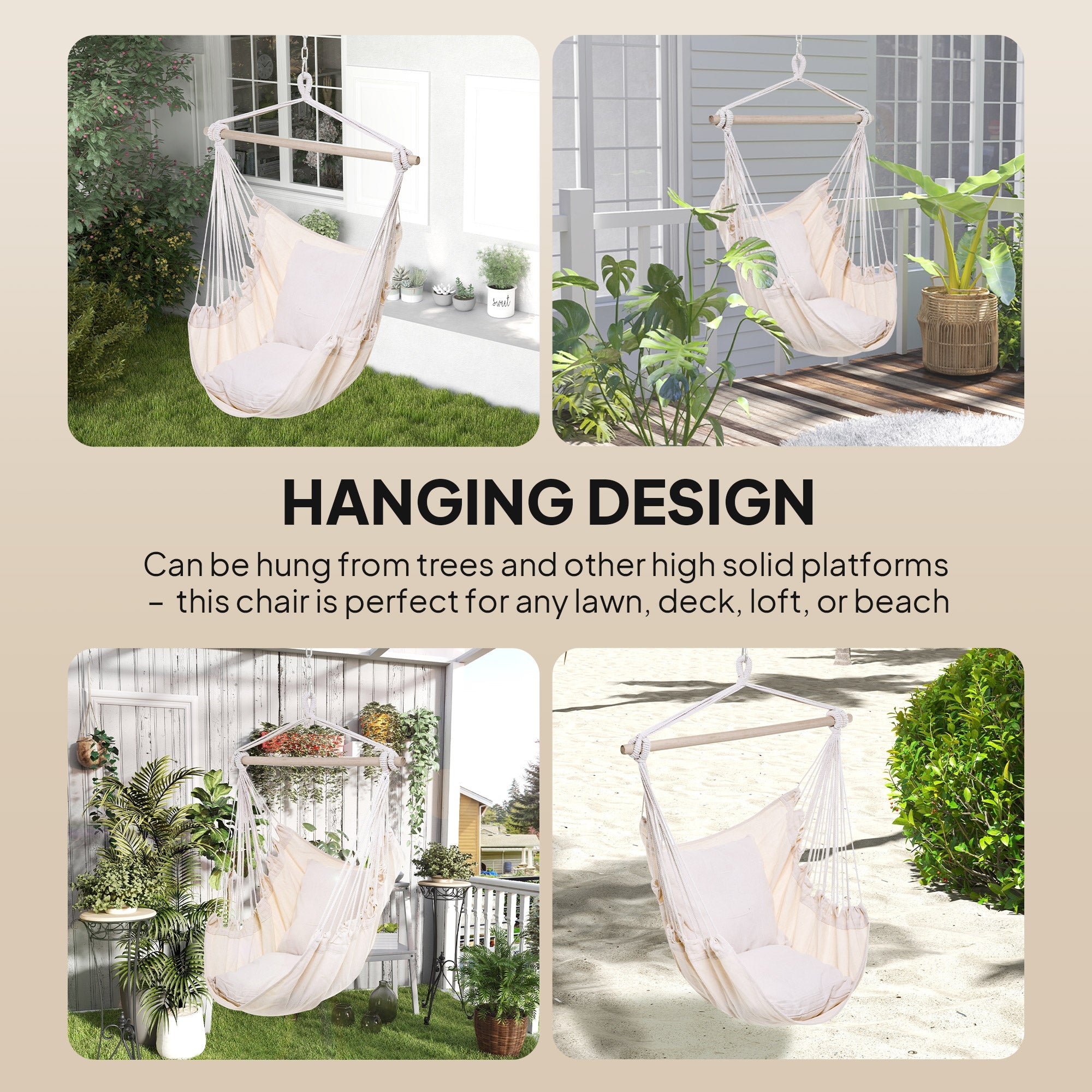 Outsunny Hammock Chair Swing Hanging Macrame Chair Cotton Two Soft Seat Cushions Bedroom Indoor Outdoor Ideal Gift Kids