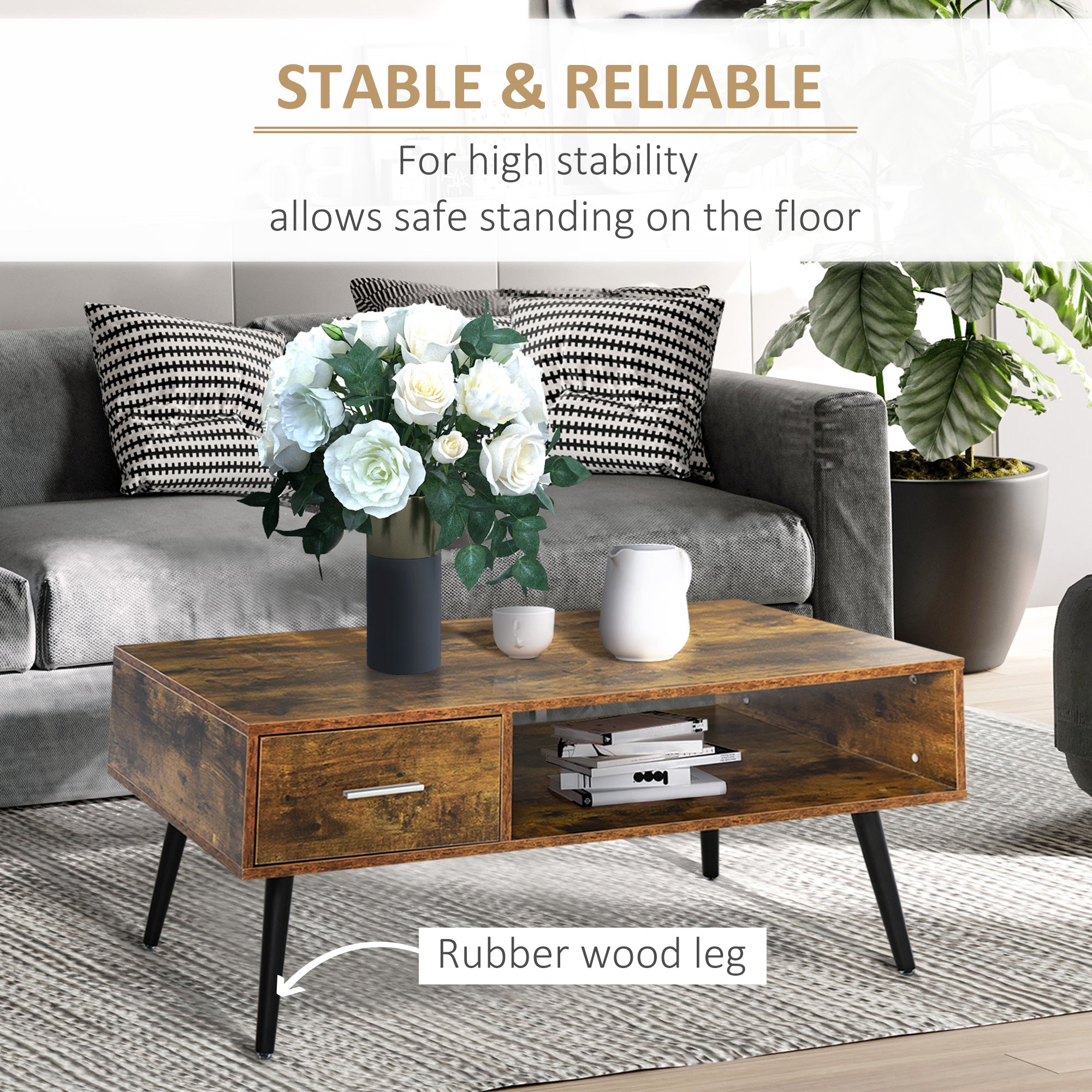 HOMCOM Rustic Brown Retro Coffee Table: Vintage Wooden Center Table with Storage Shelf and Drawer for Living Room