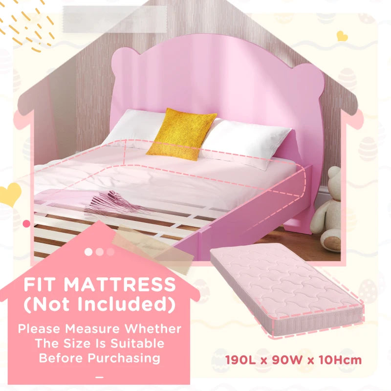 Qaba Twin Bed Frame with Bear Shaped Headboard & Footboard, Slats Support, No Box Spring Needed, for Boys, Girls, Pink