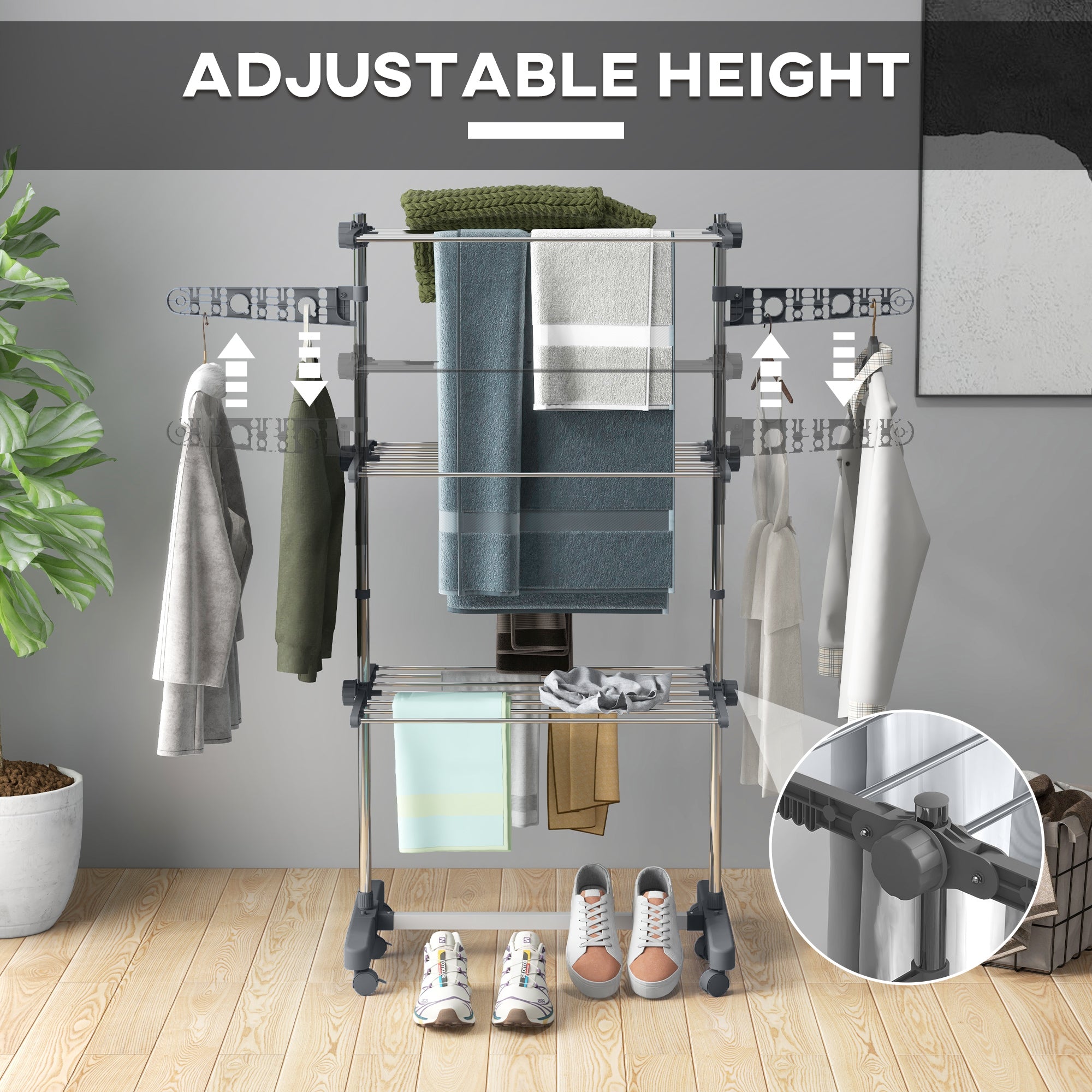 HOMCOM Laundry Rack Drying 3 Layers Stainless Steel Foldable Clothes Airer with Side Wings 6 Castors Grey