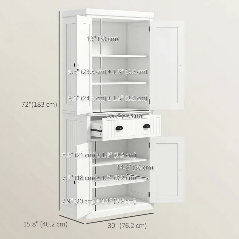 72" Kitchen Pantry, Freestanding Storage Cabinet with Drawer, Doors, Cream White