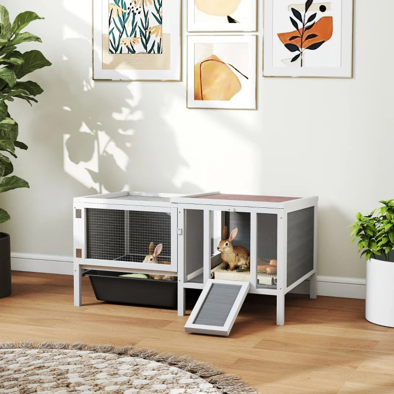 Rabbit Hutch, Wooden Guinea Pig Cage with Run, Openable Top, Pull Out Tray and Ramp, Water-Resistant Roof, Grey
