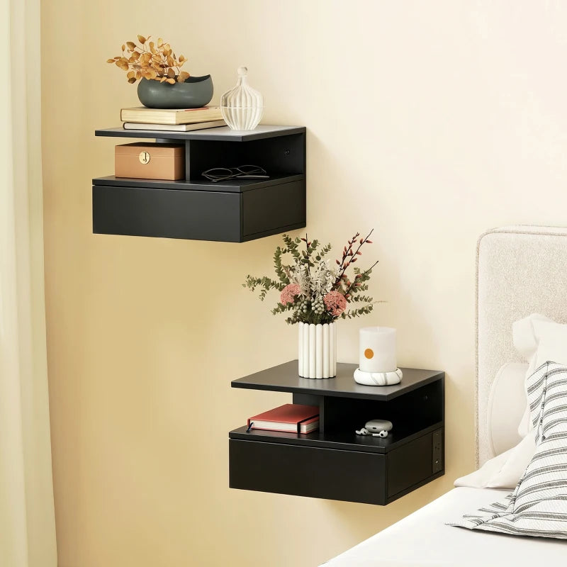 HOMCOM Floating Nightstand Set of 2 with Charging Station, Wall Mounted Bedside Tables with Drawer, Open Shelf, AC Outlet, USB & USB-C Ports, White or Black