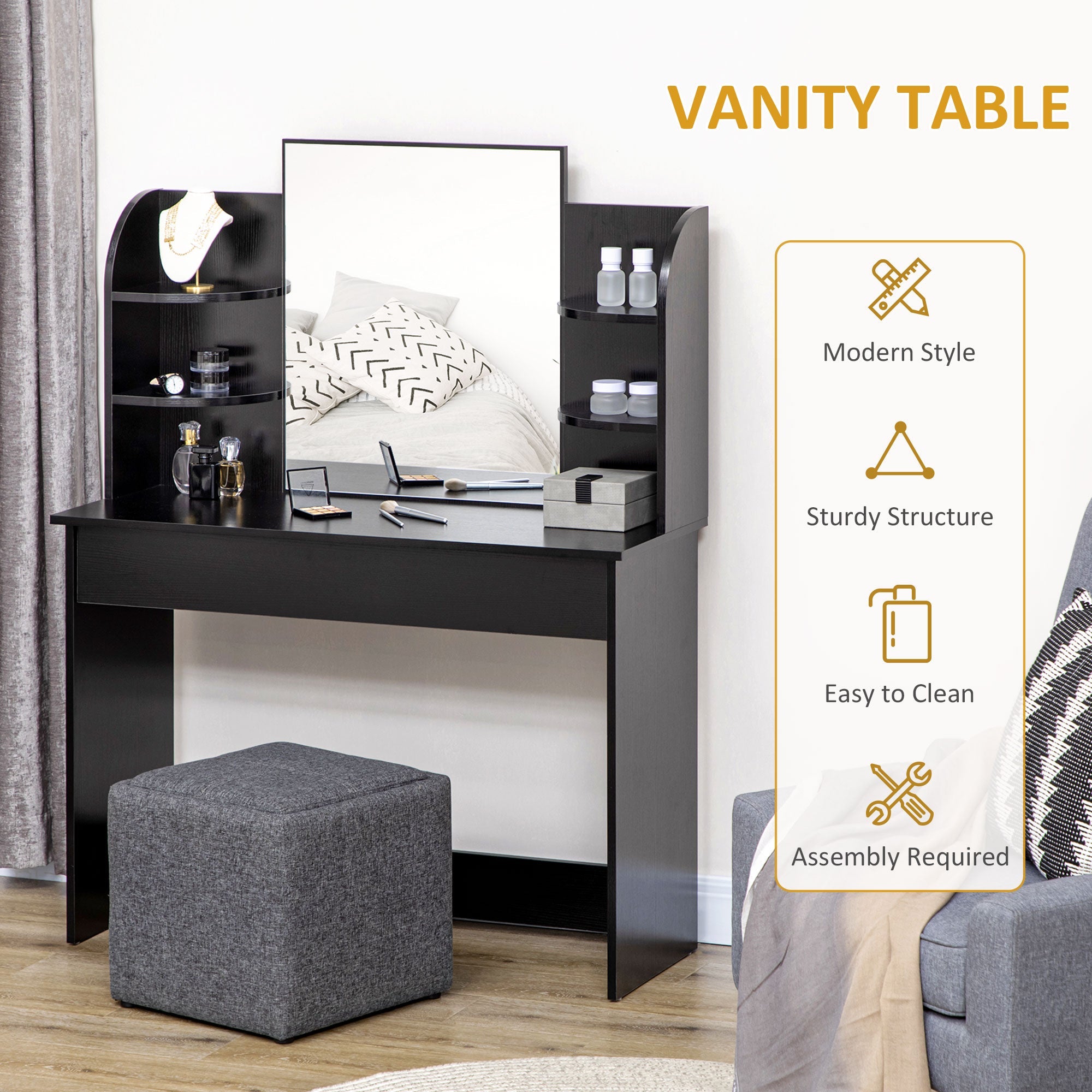 HOMCOM Vanity Table Wood Dressing Table w/ Makeup Mirror, Big Drawers, Open Shelf for Bedroom Black