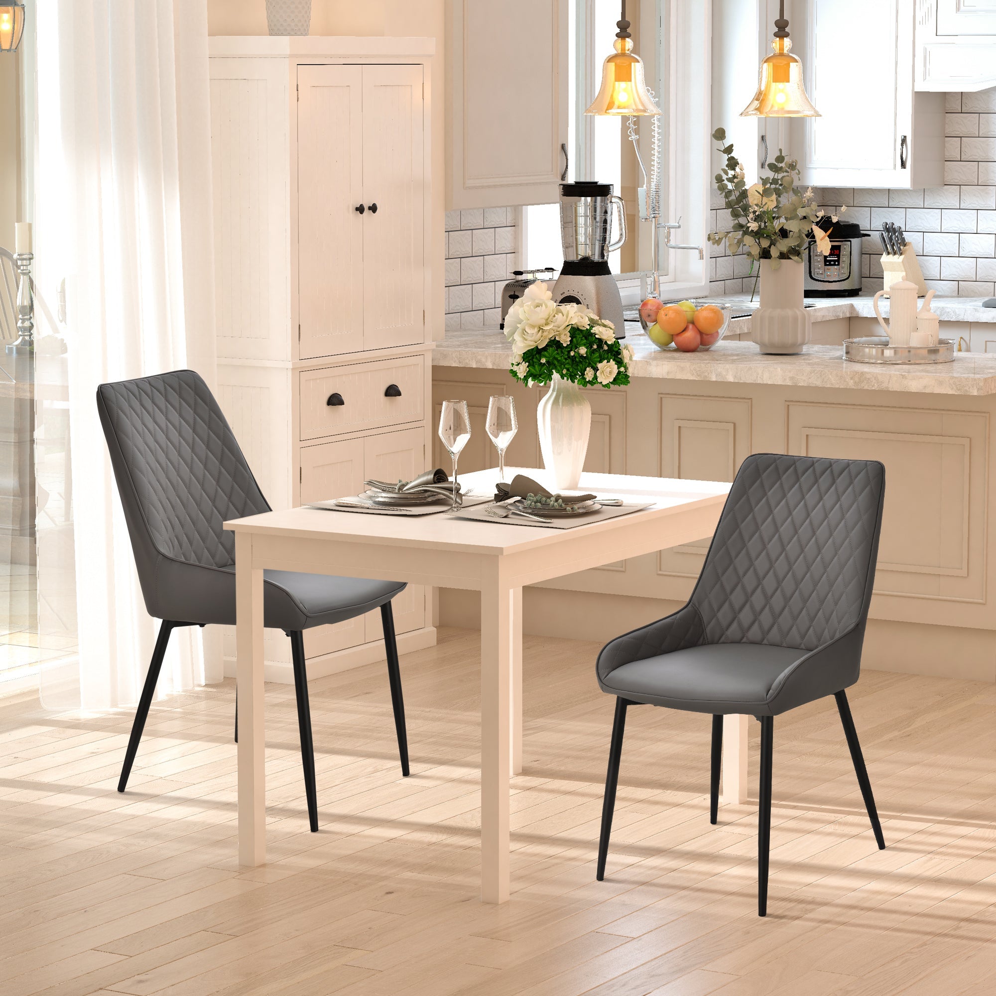 HOMCOM Mid-Century Dining Chair Pair: Grey PU Leather Padded Seats, Metal Legs, Modern for Kitchen Home Office