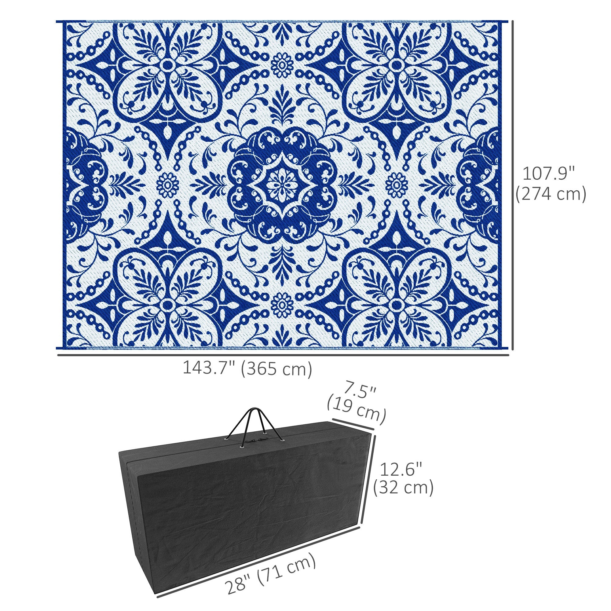 Outsunny 9' x 12' Portable Outdoor Rug Reversible Waterproof Mat with Carry Bag for RV Backyard Deck Blue