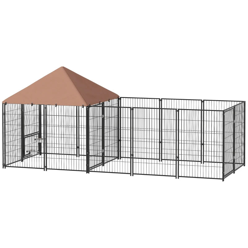 Outdoor Dog Kennel with Rotating and Adjustable Height Bowls, Waterproof UV-Resistant Cover, 11.3' x 4.7' x 5.1'
