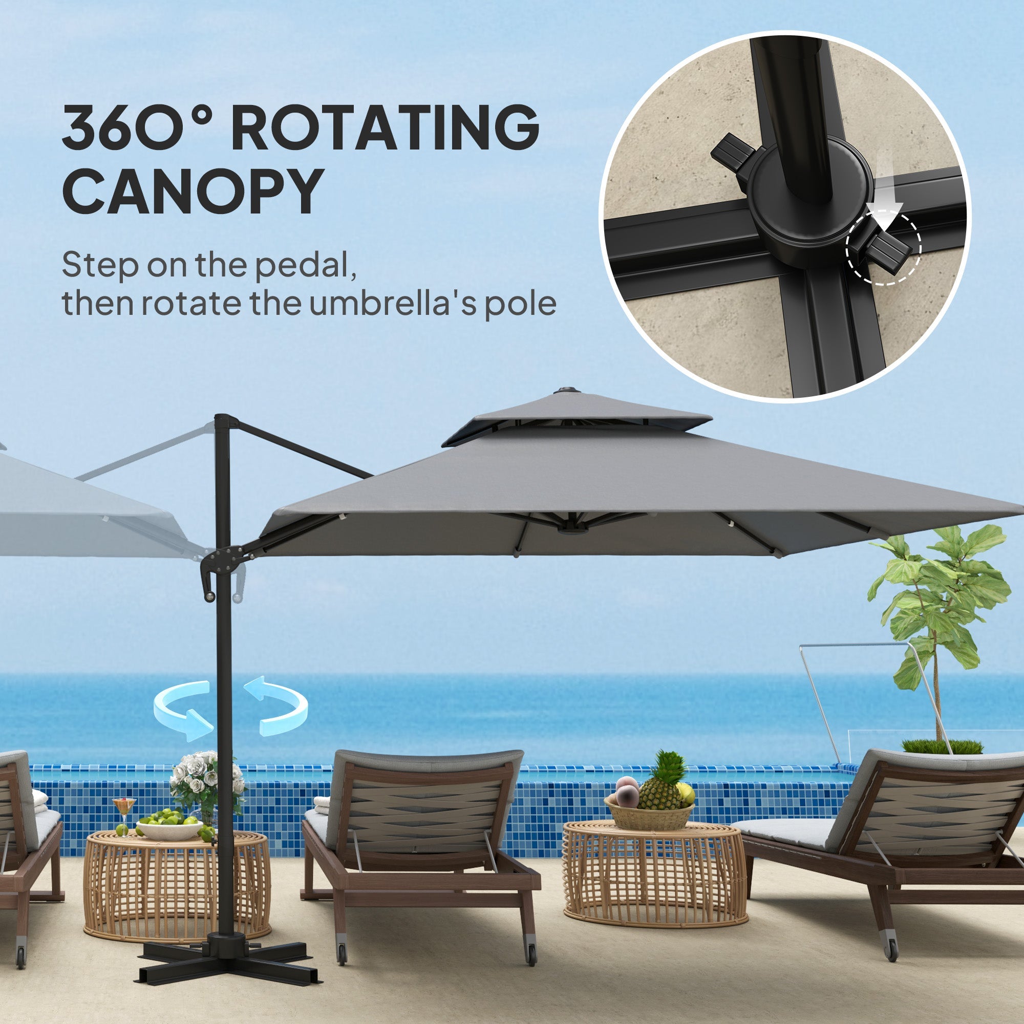 Outsunny 10'x10' Cantilever Patio Umbrella Double Top Square Offset Umbrella 360° Rotation Light Grey