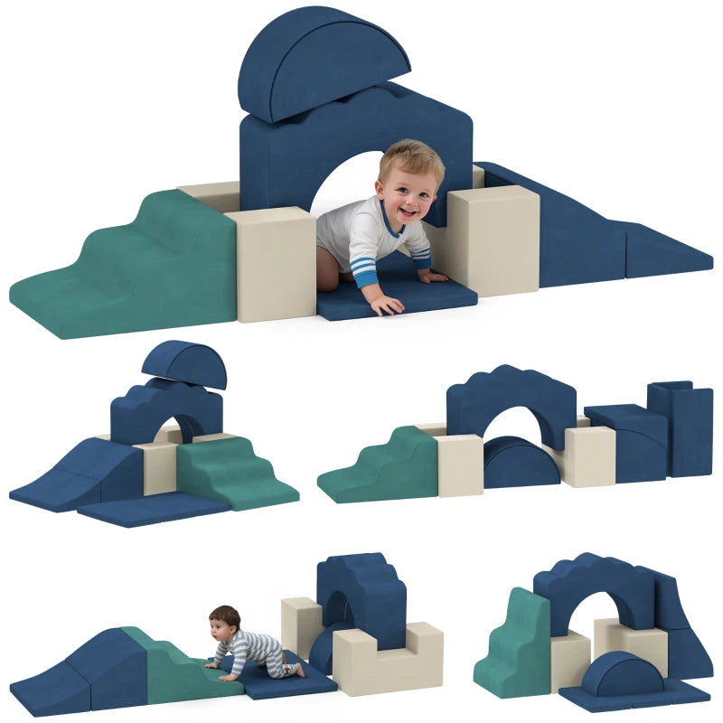 Qaba 7-Piece Baby Soft Play Set, Indoor Soft Play Gym Activity Play Set for Crawling, Sliding and Playing, Navy Blue