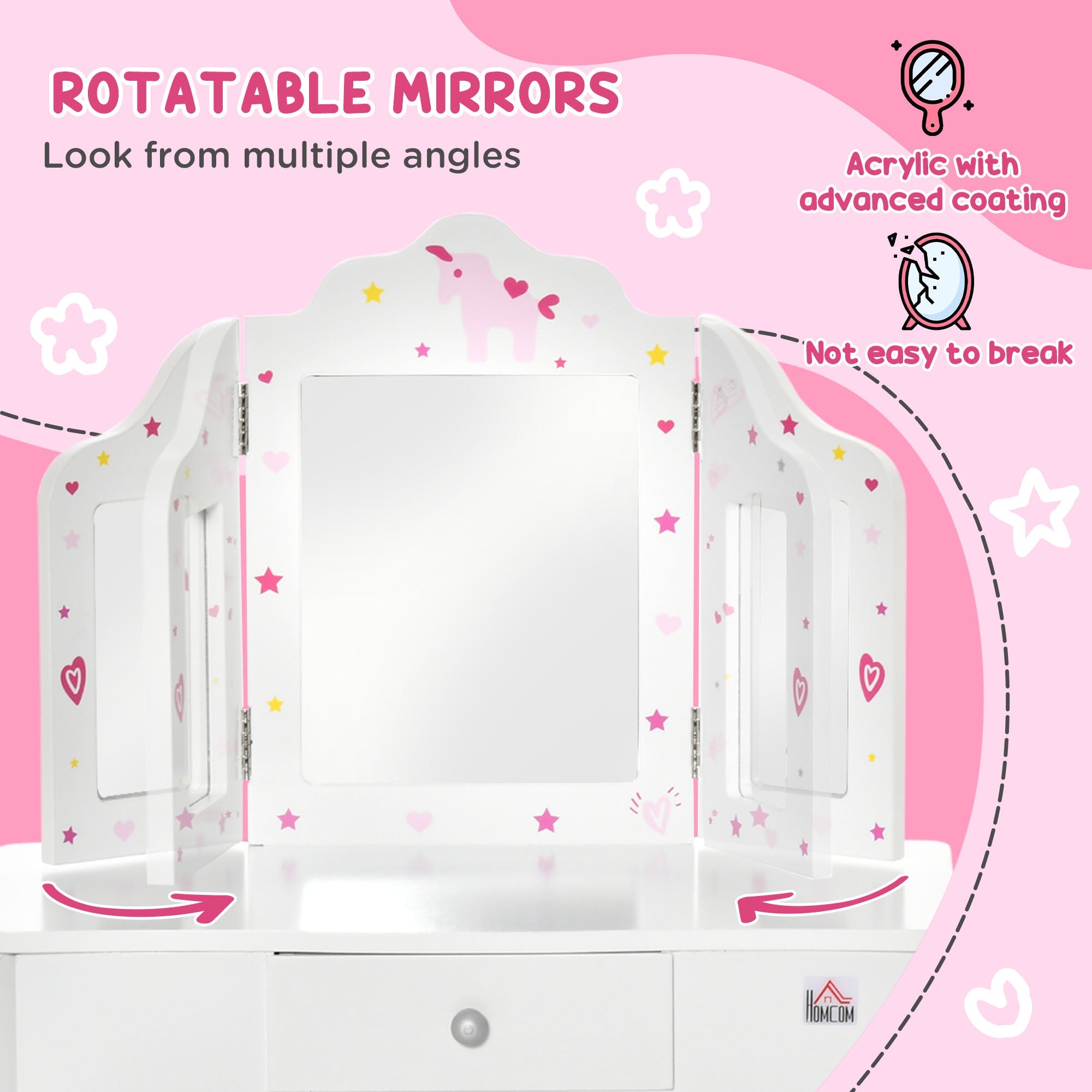 Qaba Girls Vanity Set Stool Dressing Table Tri-Fold Mirror Drawer Star Heart Design Makeup Desk White