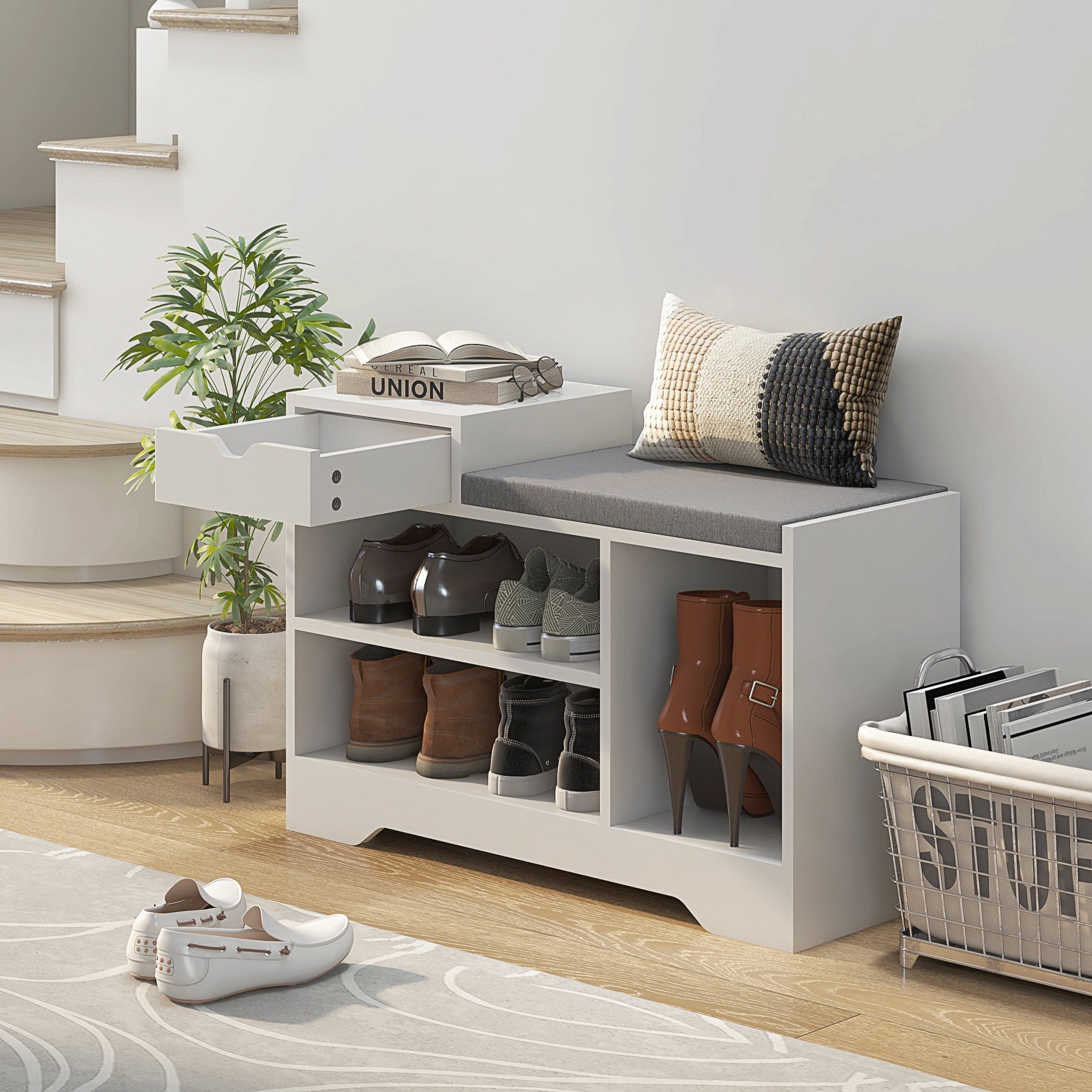 HOMCOM Shoe Simplicity: Storage Bench with Seat Drawer, 3 Open Shelves, Upholstered Entrance Bench for Hallway