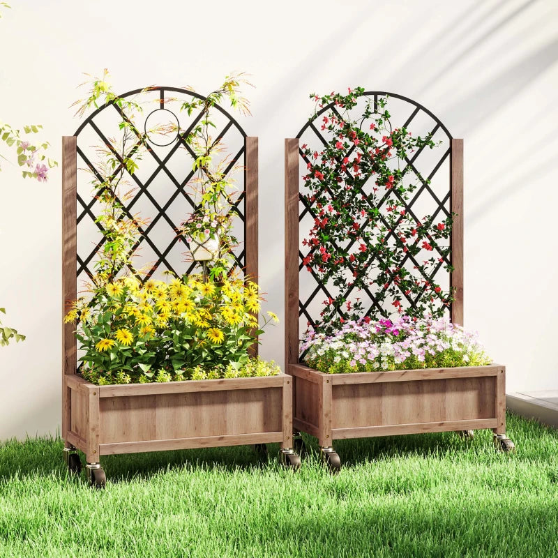 Raised Garden Bed with Metal Trellis, Elevated Planter Box with Wheels and Drainage Holes, 20.5" x 9.8" x 38.2", Brown