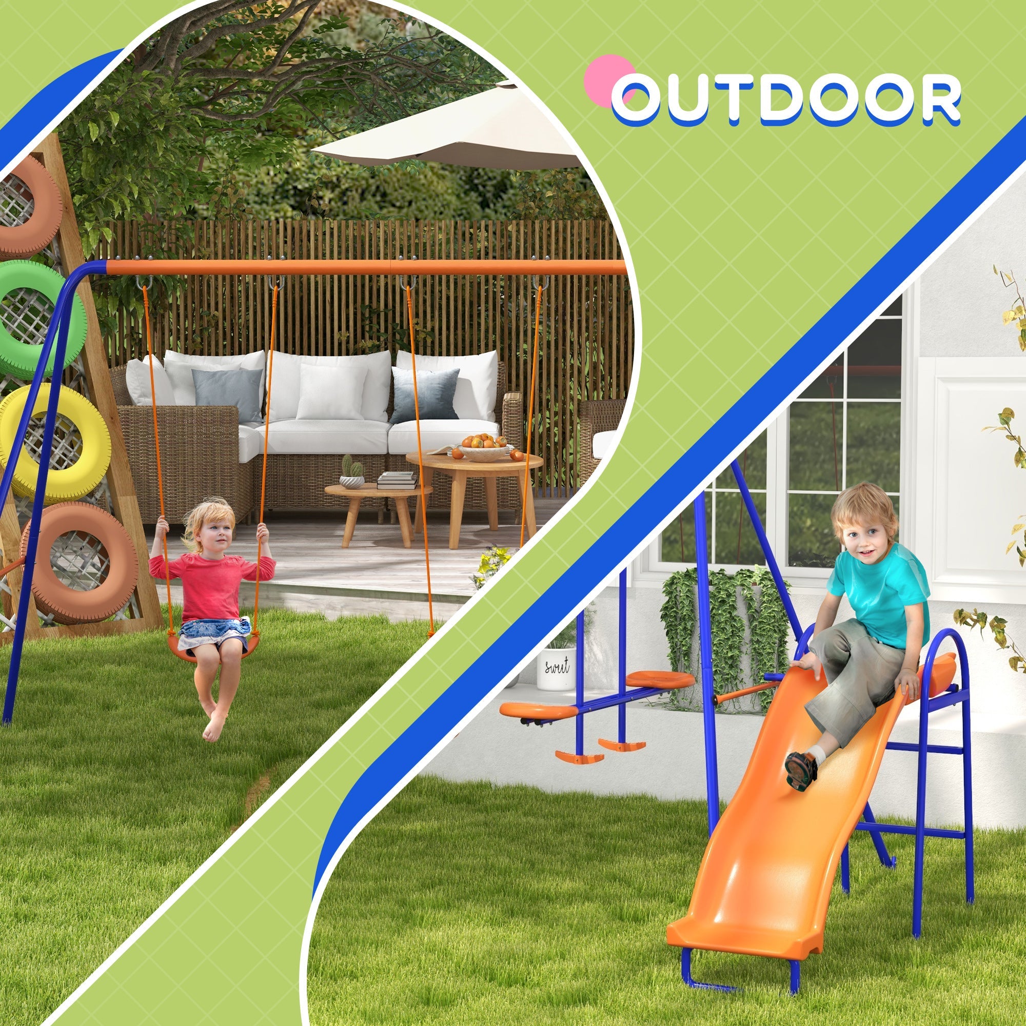 Outsunny 4 in 1 Colorful Metal Swing Set with Double Swings, Glider, Slide, Ladder for Fun Backyard Play