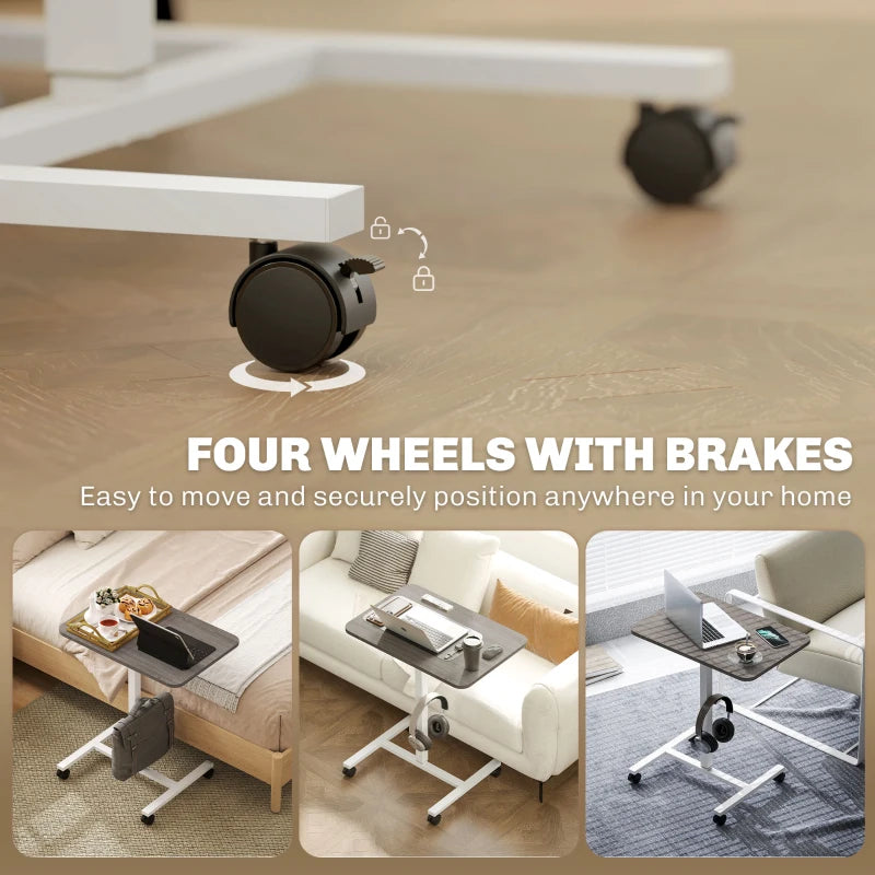Height Adjustable Standing Desk, Pneumatic Sit Stand Desk with Wheels and Headphone Hook, Grey Wood Grain