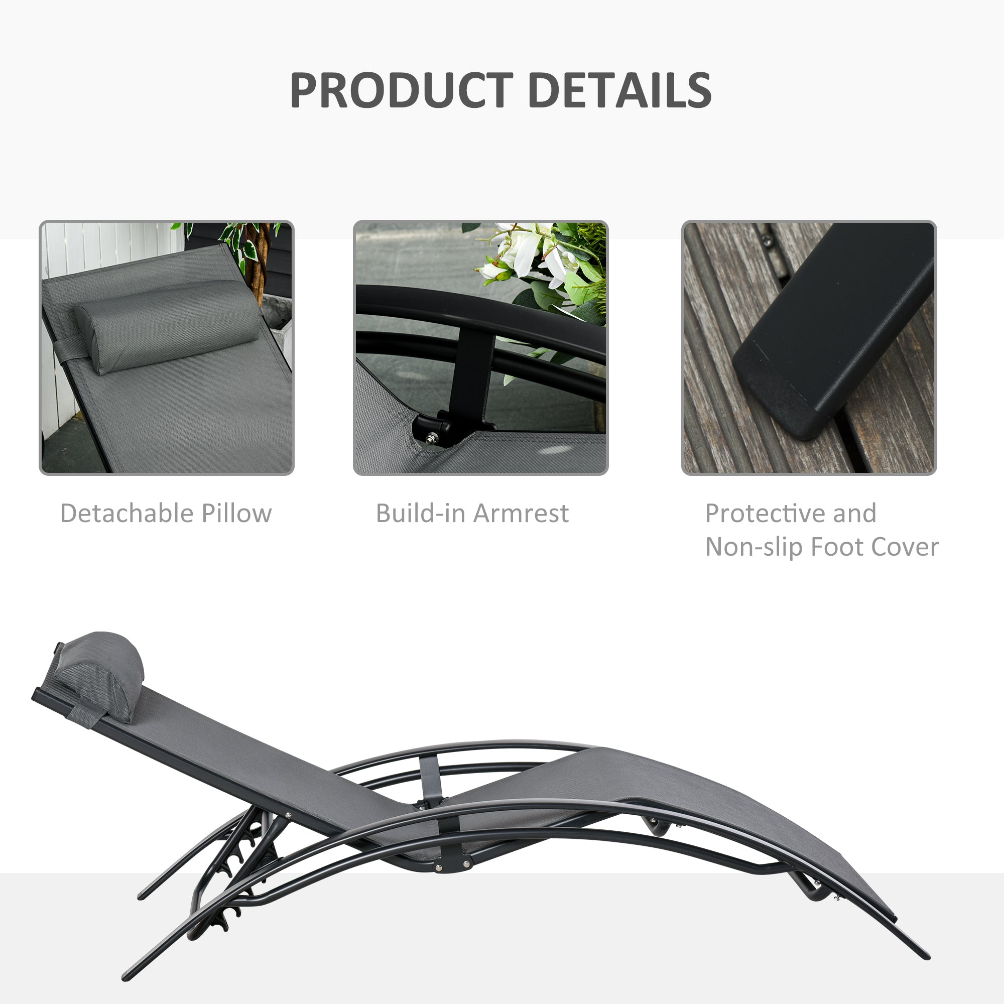 Outsunny Patio Reclining Outdoor Lounge Chair, Outdoor Aluminum Tanning Chair with 5-Level Adjustable Backrest & Head Pillow, Grey