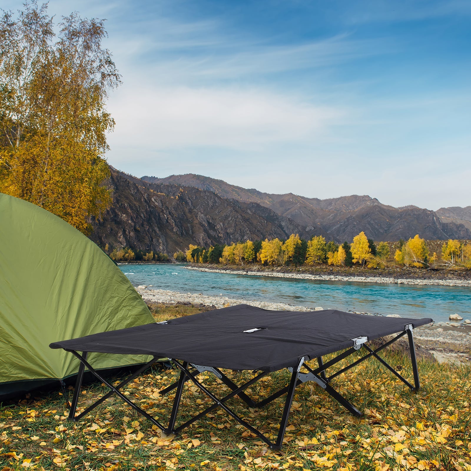 Outsunny Double Wide Folding Camping Cot Portable Outdoor Military Sleeping Bed Two Person Black