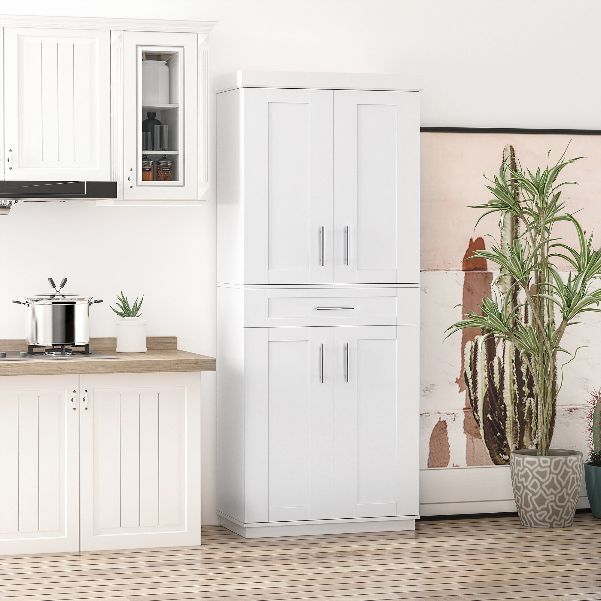 HOMCOM White Modern Pantry Cabinet: Freestanding Kitchen Cupboard with Doors, Shelves and Adjustable Shelving