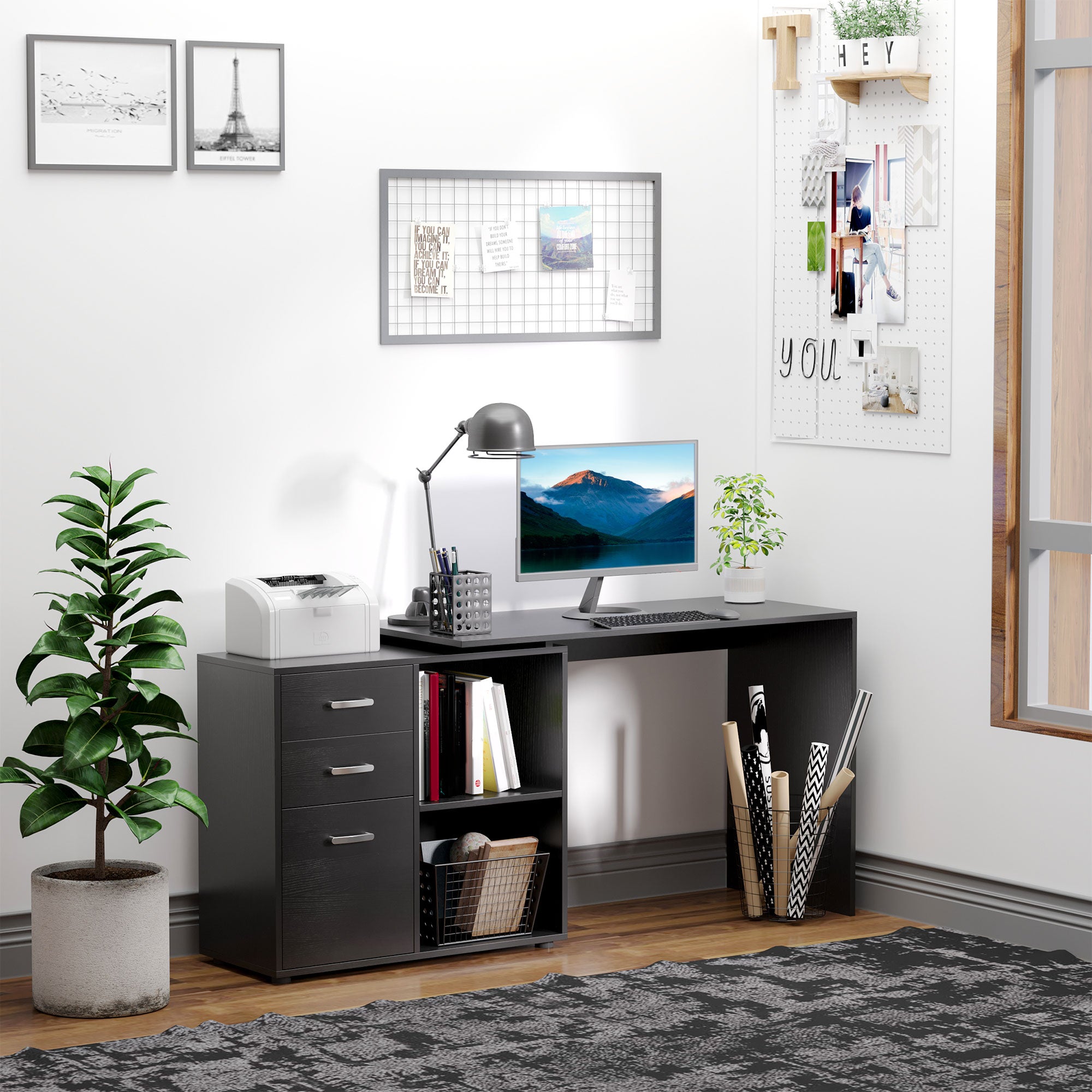 HOMCOM L-Shaped Desk Computer Corner with Storage Shelf Drawer Black Home Office Workstation