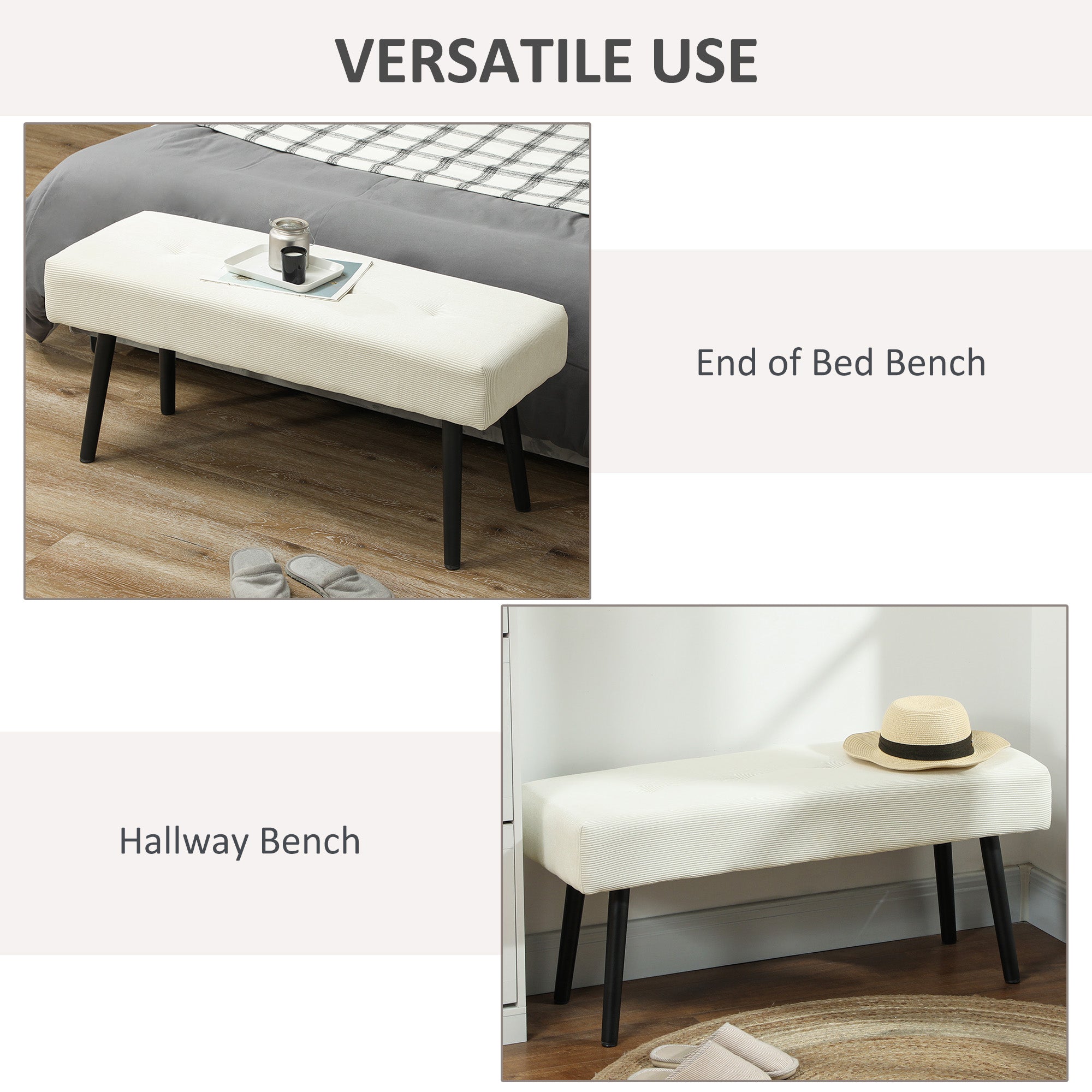 HOMCOM 39" Upholstered Ottoman Bench, Corduroy Entryway Bedroom Bench with Padded Seat and Steel Legs for Bedroom, Cream White