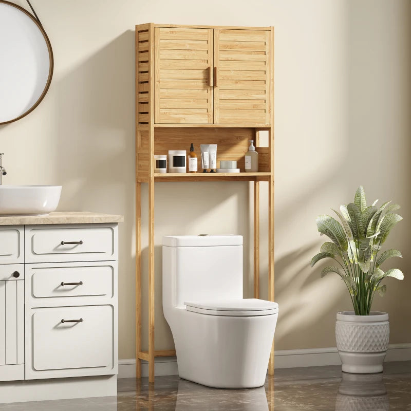 Over the Toilet Cabinet, Bathroom Organizer with 2 Doors, Open Compartment and Adjustable Shelf, Natural Wood Finish
