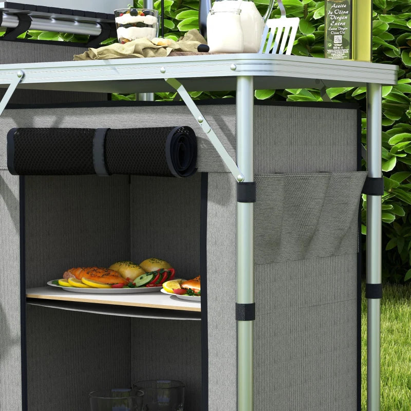 Aluminum Camping Kitchen, Portable Folding Camping Table with Fabric Cupboards, Windshield, Bag for BBQ, Picnic, Grey