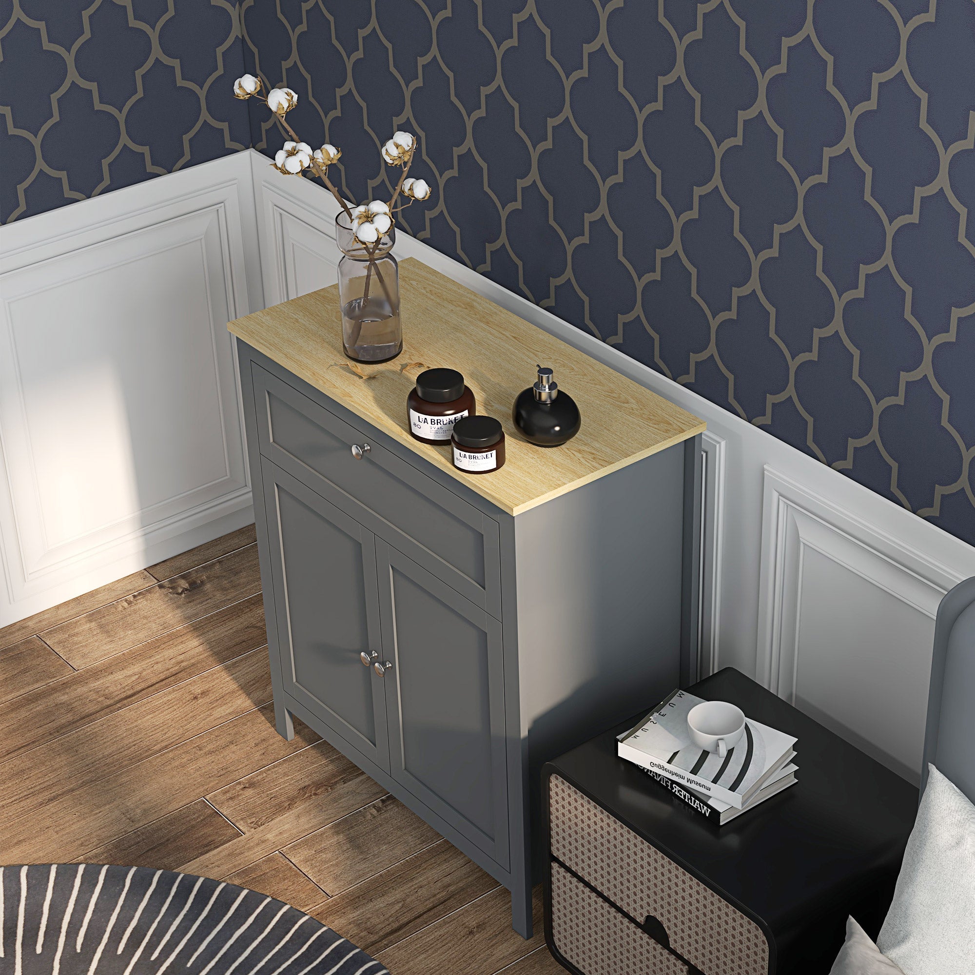 HOMCOM Buffet Storage Cabinet Buffet Table Drawer Double Door Cupboard Adjustable Shelf Living Room Entryway Grey