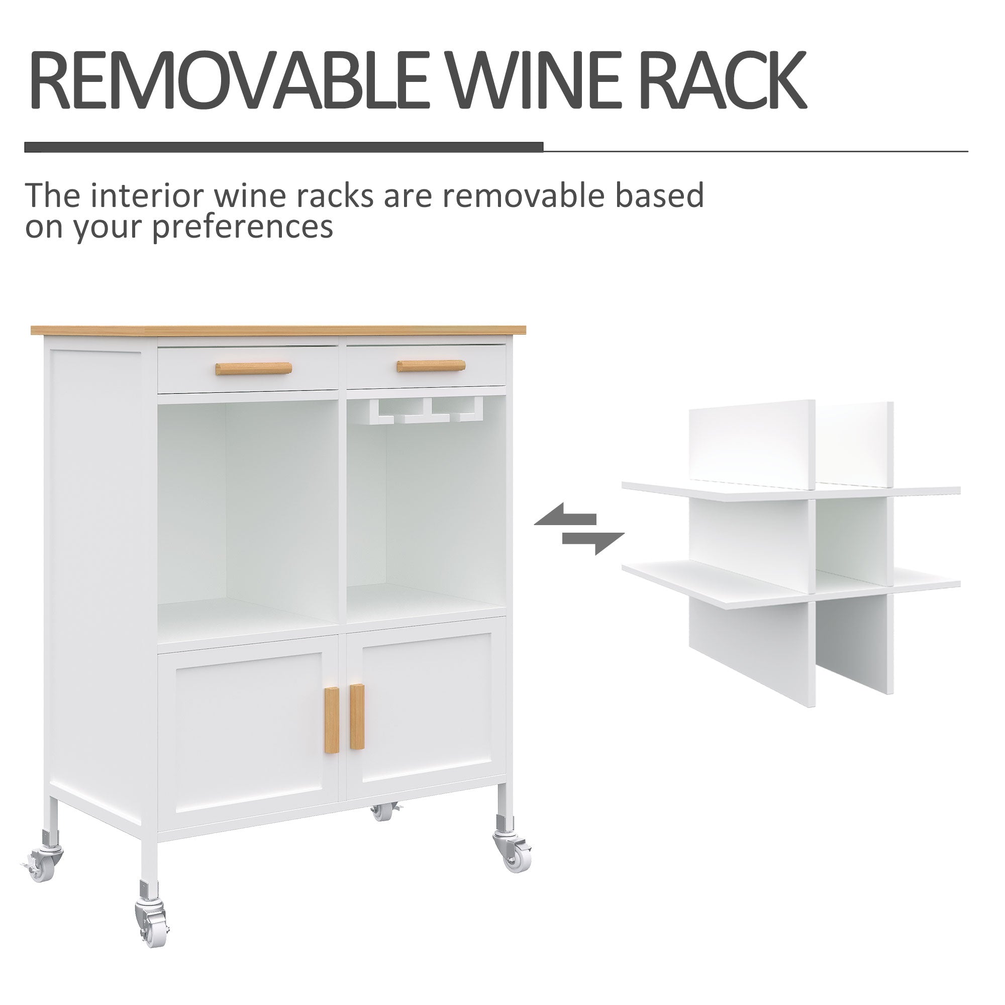 HOMCOM Kitchen Versatility: Portable Trolley with Bamboo Top, Storage Cabinet, and Wine Rack for Culinary Convenience