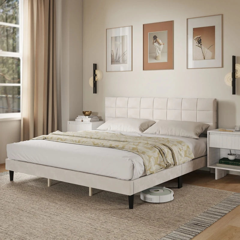 King Size Bed Frame with Upholstered Headboard, Modern Platform Bed Frame with Wood Slats, 1100 lbs Capacity, Cream White