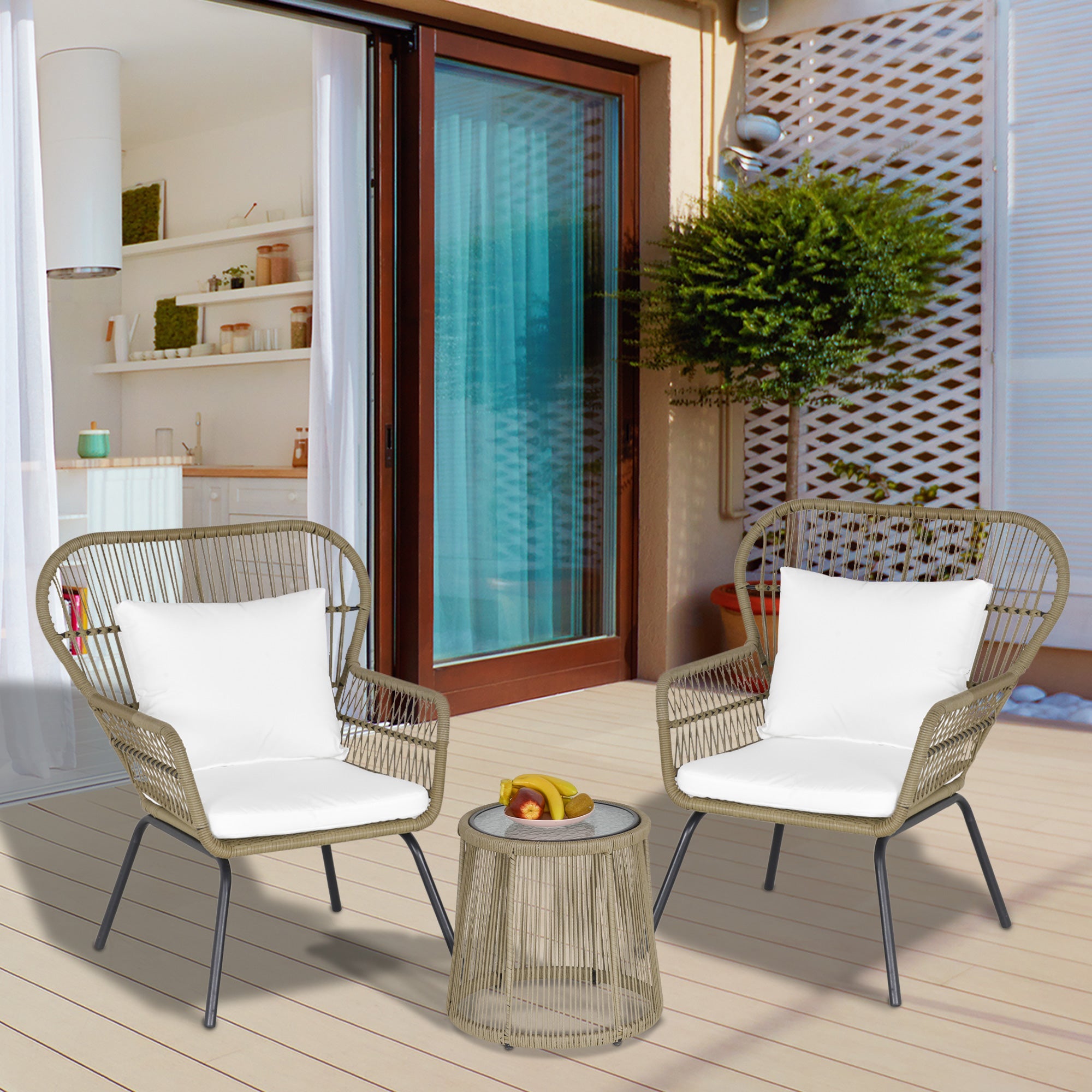 Outsunny 3 Pieces Outdoor Patio Bistro Set Wicker Rattan Furniture 2 Chairs 1 Coffee Table with Metal Legs for Garden Backyard Deck