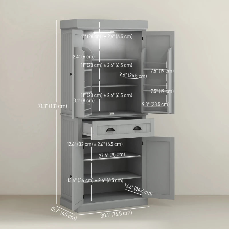 71" Kitchen Pantry Cabinet with LED Lights, 6 Spice Racks, a Drawer and 4 Adjustable Shelves, Grey