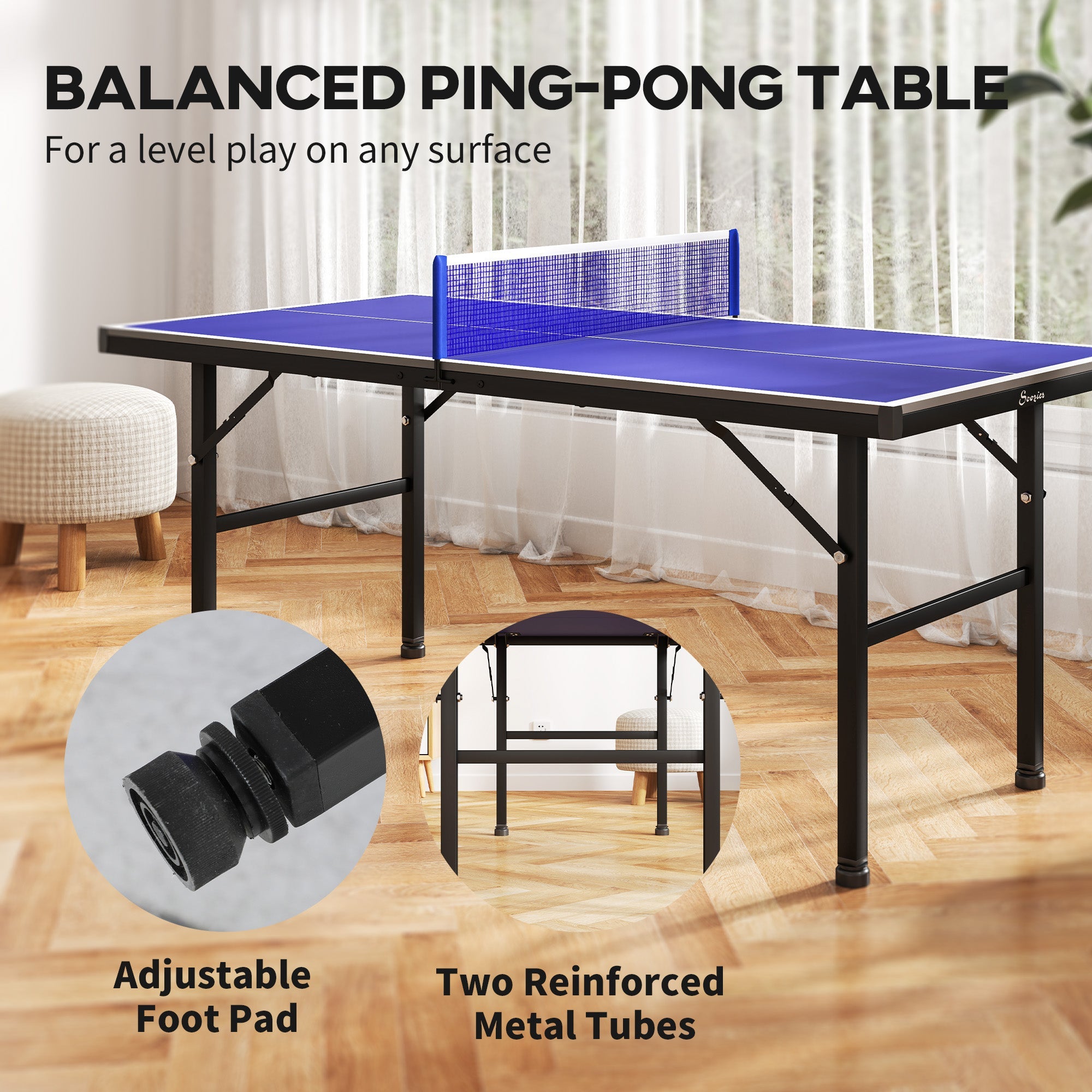 Soozier 5' x 2.5' Mini Ping Pong Table with Professional UV Treated Tabletop, Foldable Table Tennis Table with Adjustable Feet and Net for Outdoor and Indoor, Blue